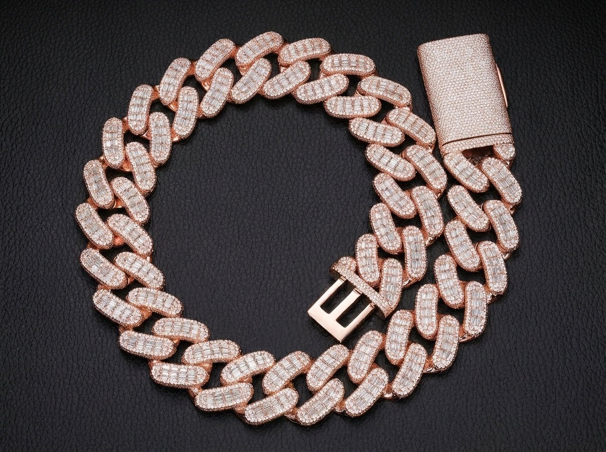 23MM Double Row Baguette Moissanite Cuban Chain – 55.6ct D - Color VVS Brilliance