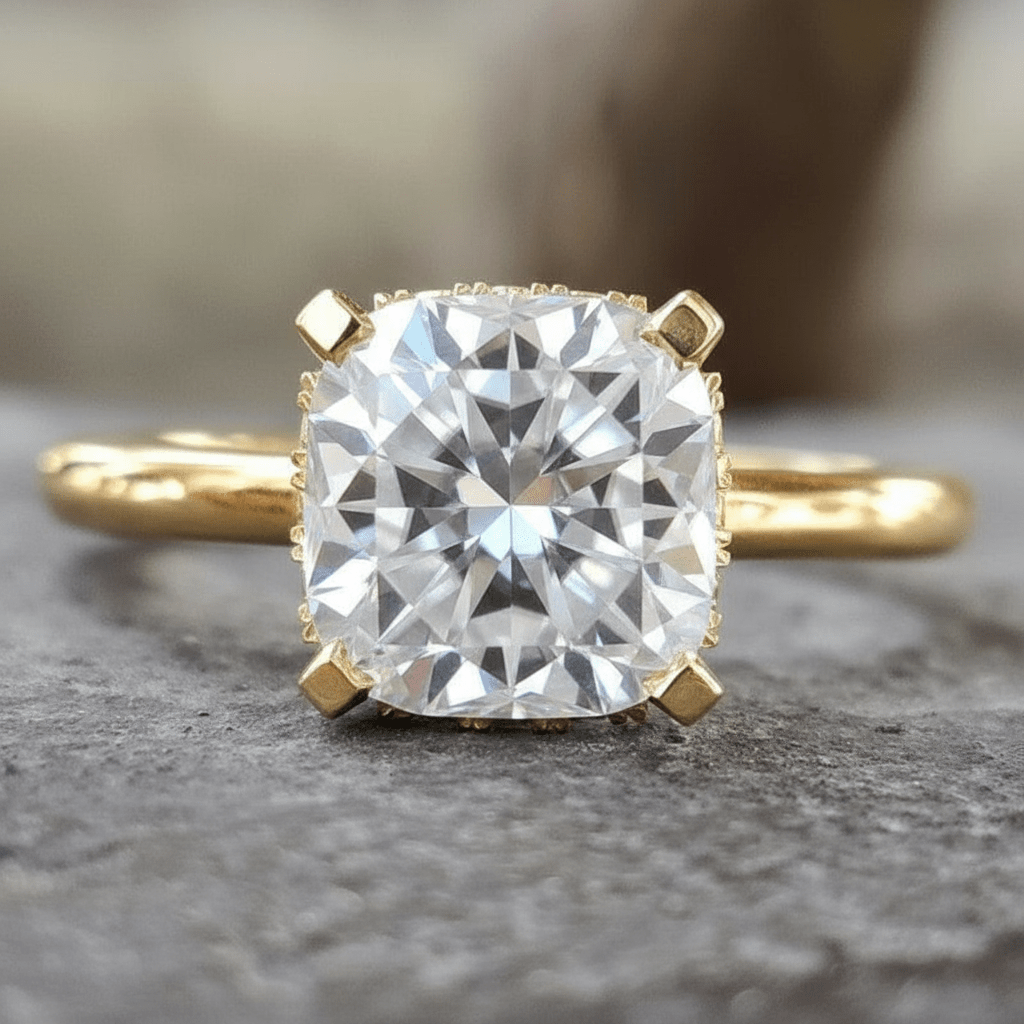 2CT Cushion Cut Moissanite 10K Solid Gold Engagement Ring