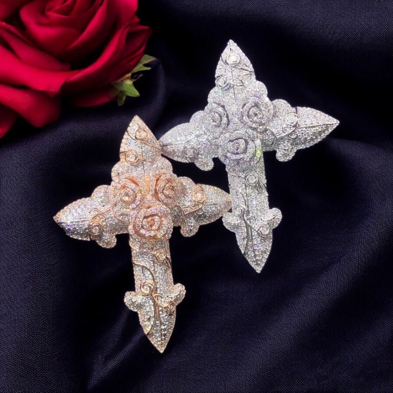 3 - D Moissanite Cross and Roses Pendant