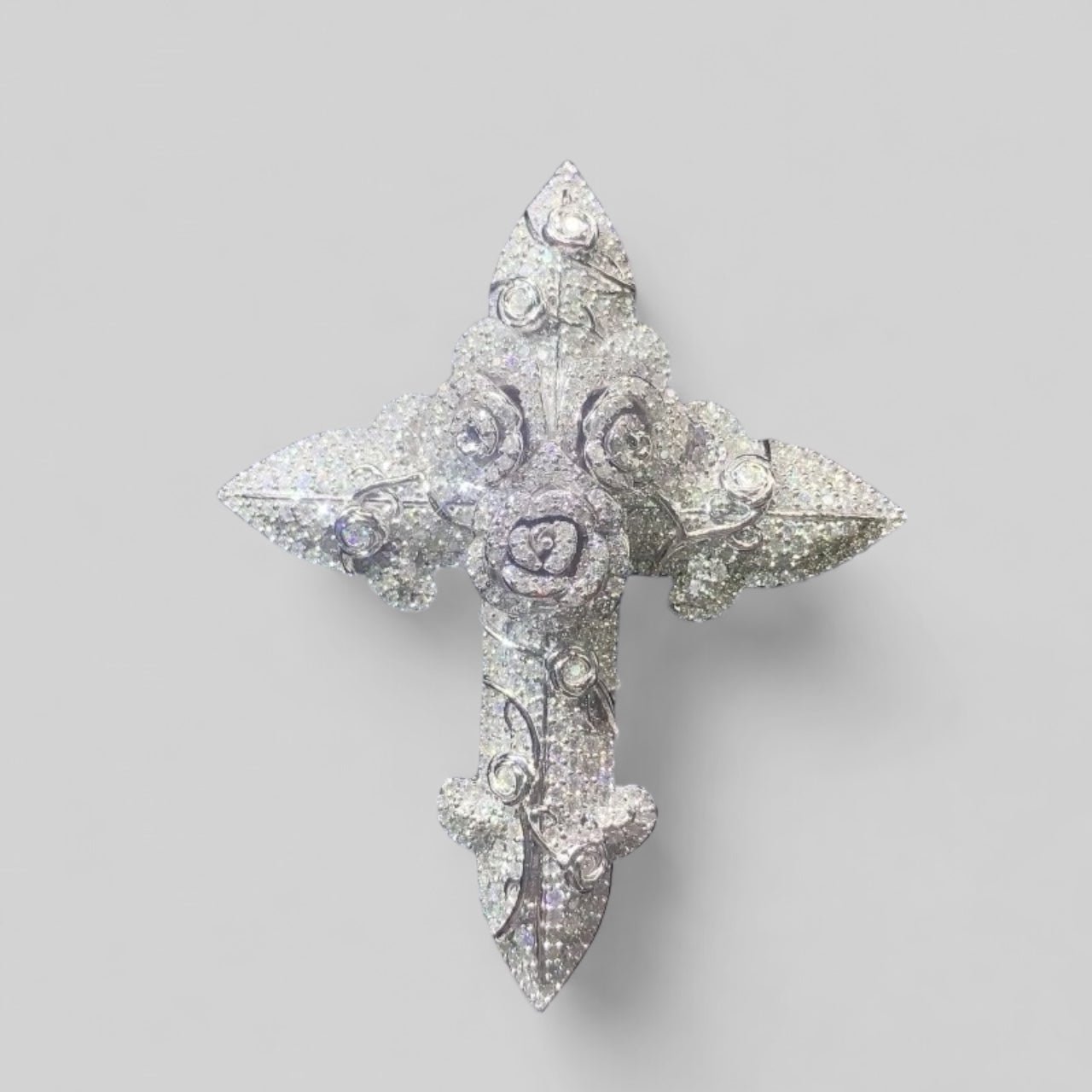 3 - D Moissanite Cross and Roses Pendant