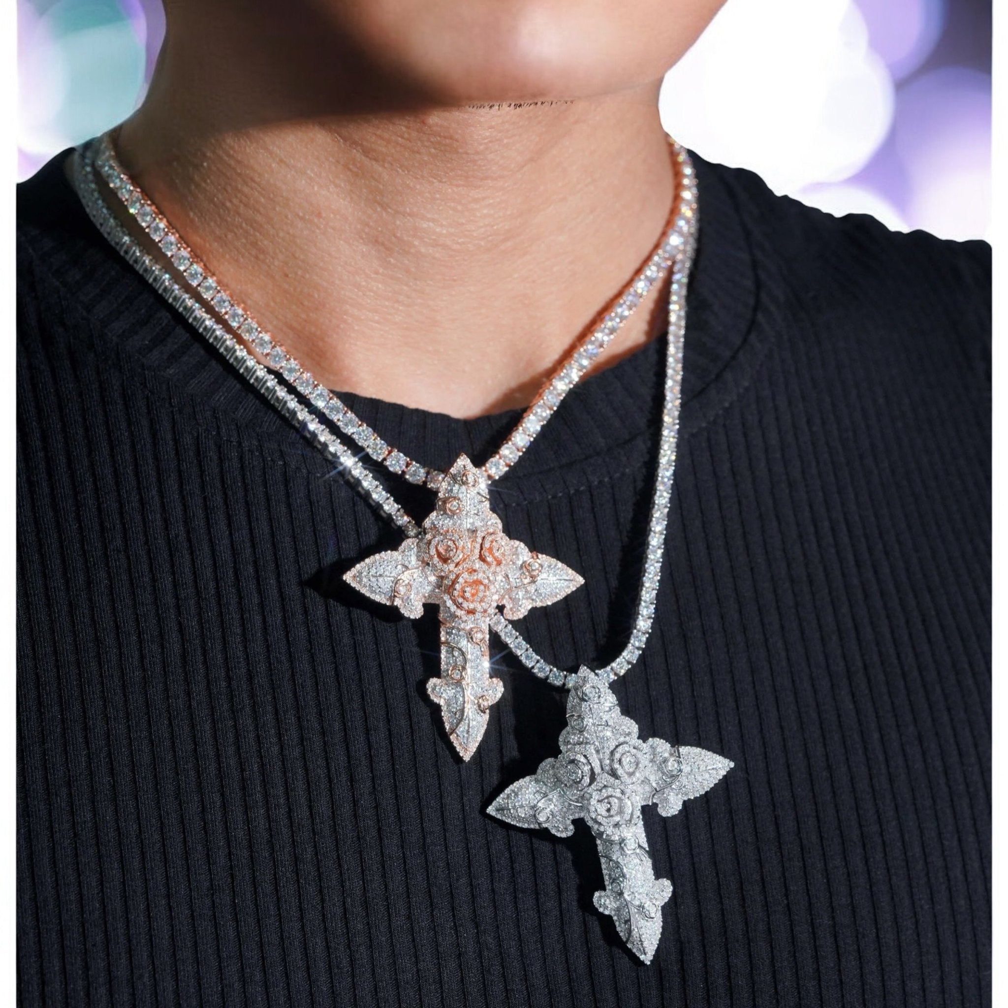 3 - D Moissanite Cross and Roses Pendant