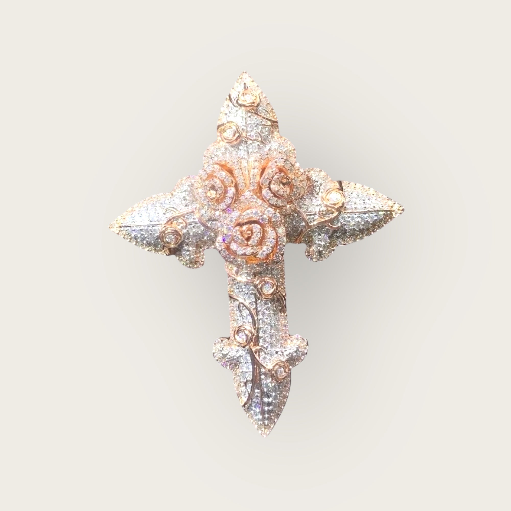 3 - D Moissanite Cross and Roses Pendant