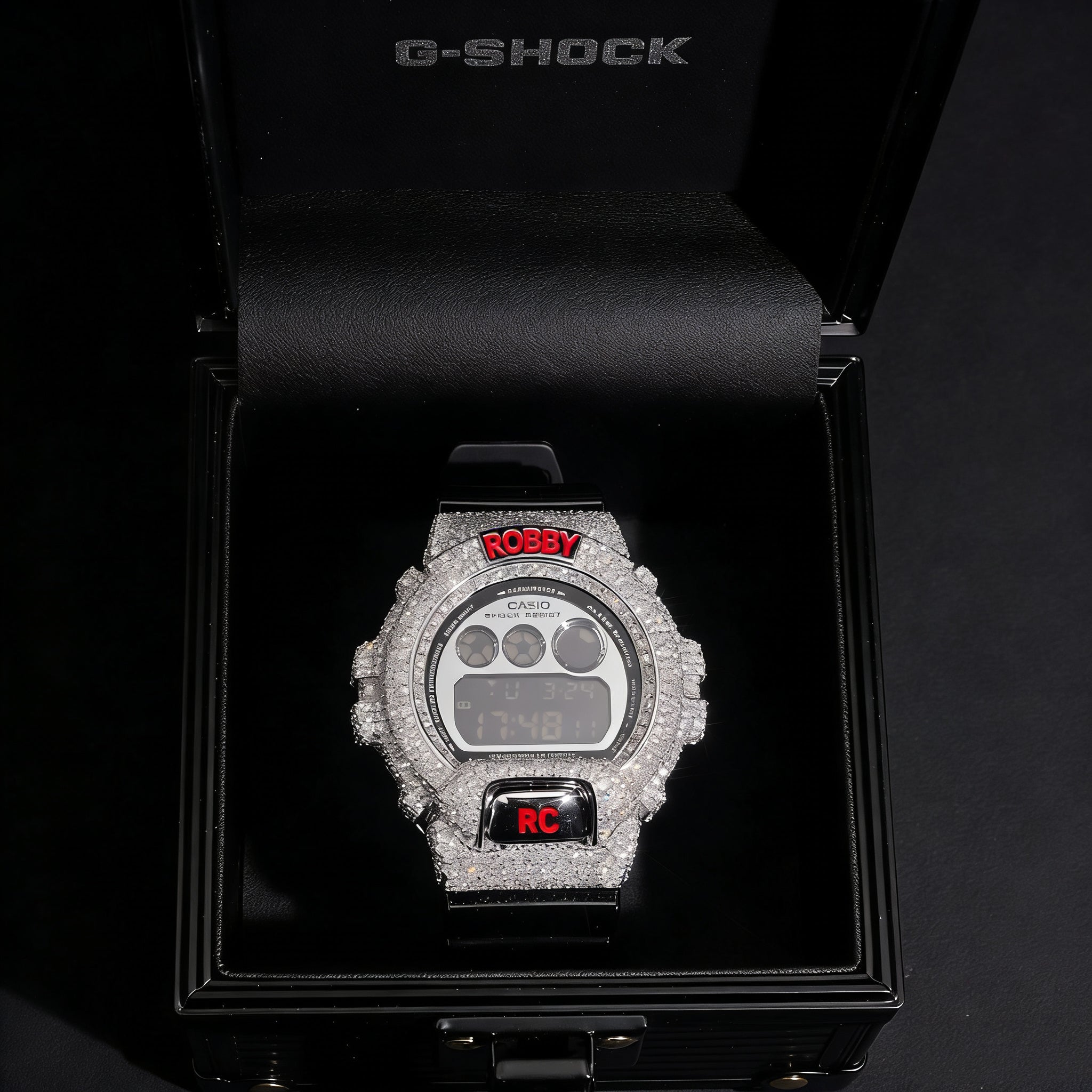 Moissanite Diamond Iced Out DW6900 G Shock Watch Custom Name close-up - The Real Jewelry Company