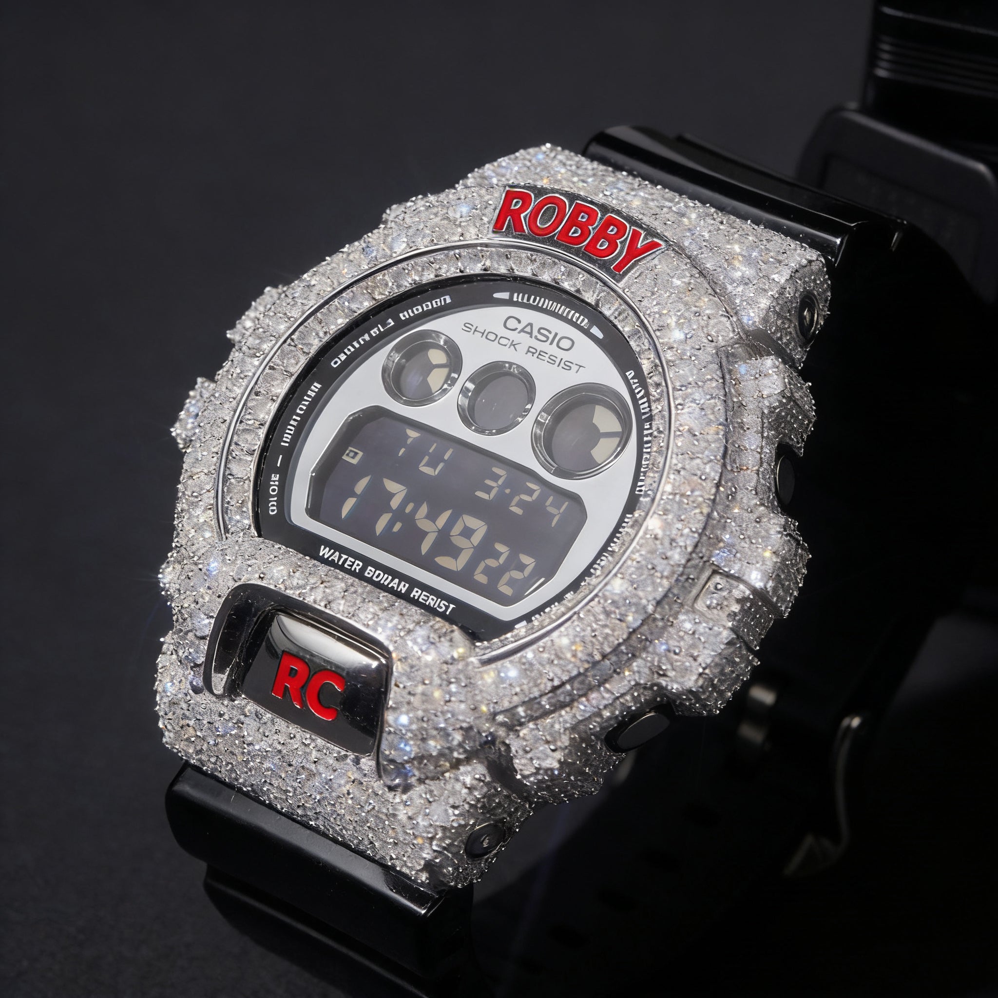 Moissanite Diamond Iced Out DW6900 G Shock Watch Custom Name detail - The Real Jewelry Company