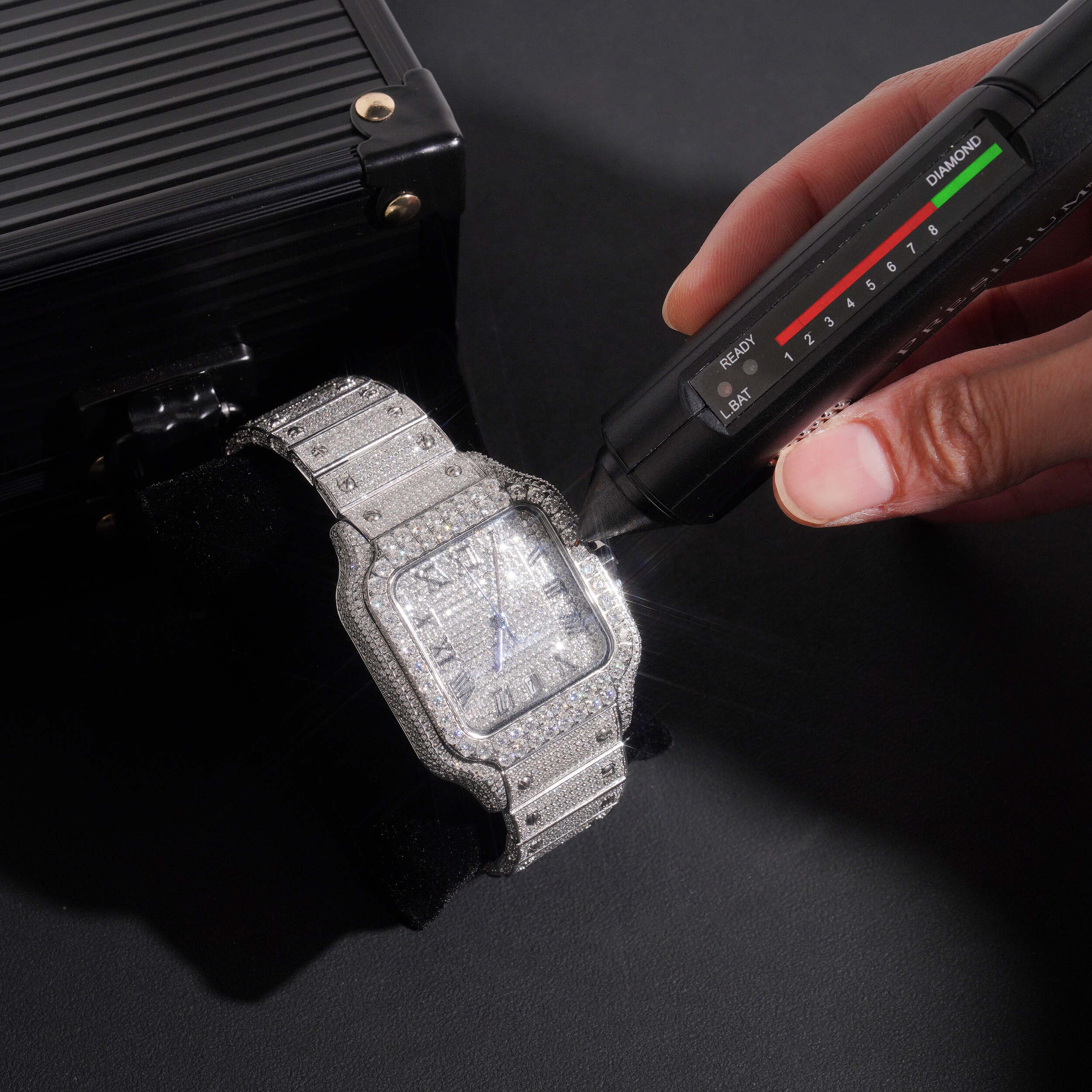 Iced Out Men Watch Moissanite Diamond Pass Diamond Tester close-up - The Real Jewelry Company