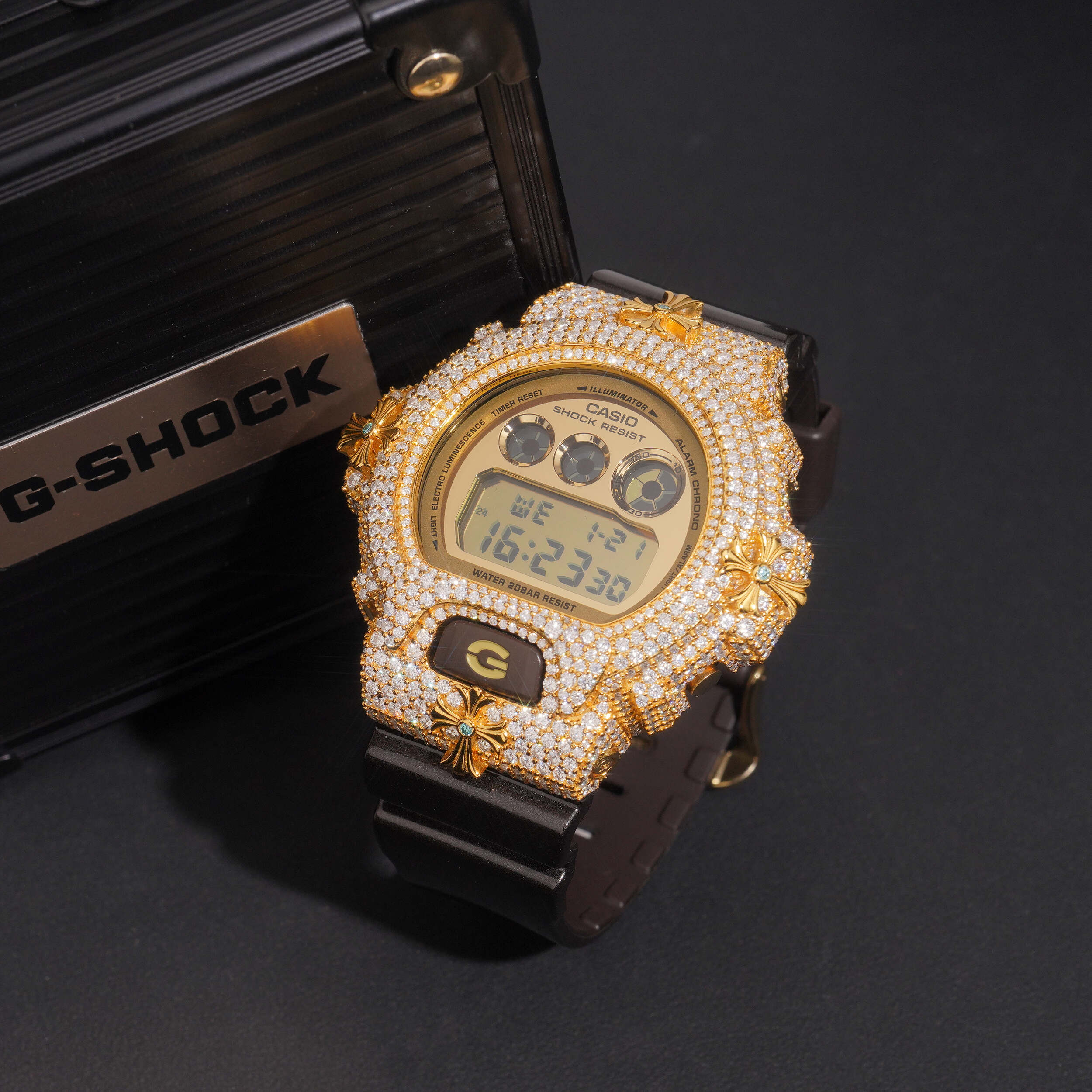 Chrome Heart Style G Shock DW6900 Iced Moissanite Watch on model - The Real Jewelry Company