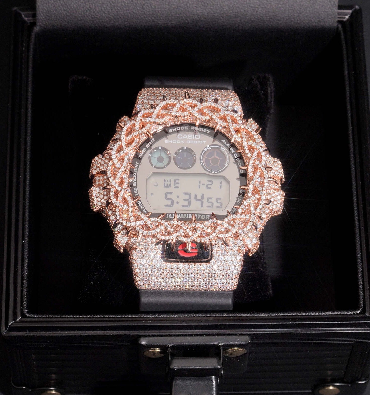 Throns Wire Link Moissanite Diamond Watch G SHOCK side view - The Real Jewelry Company