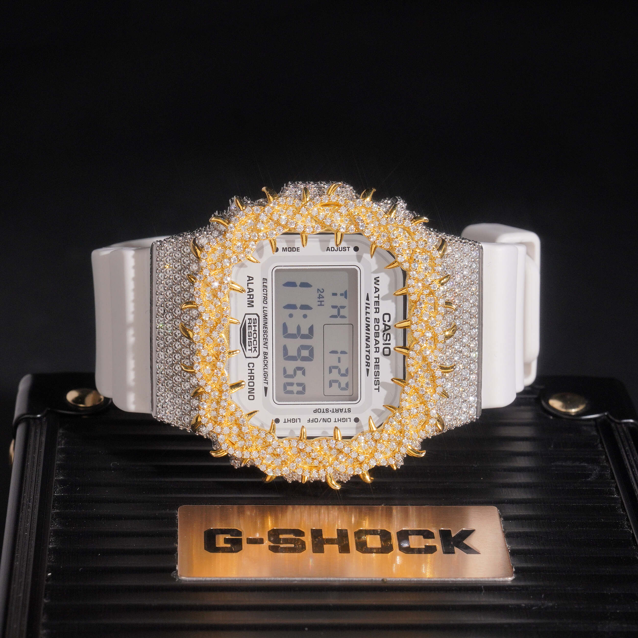 G Shock DW5600 Yellow Gold Tow Tone Moissanite Watch close-up - The Real Jewelry Company