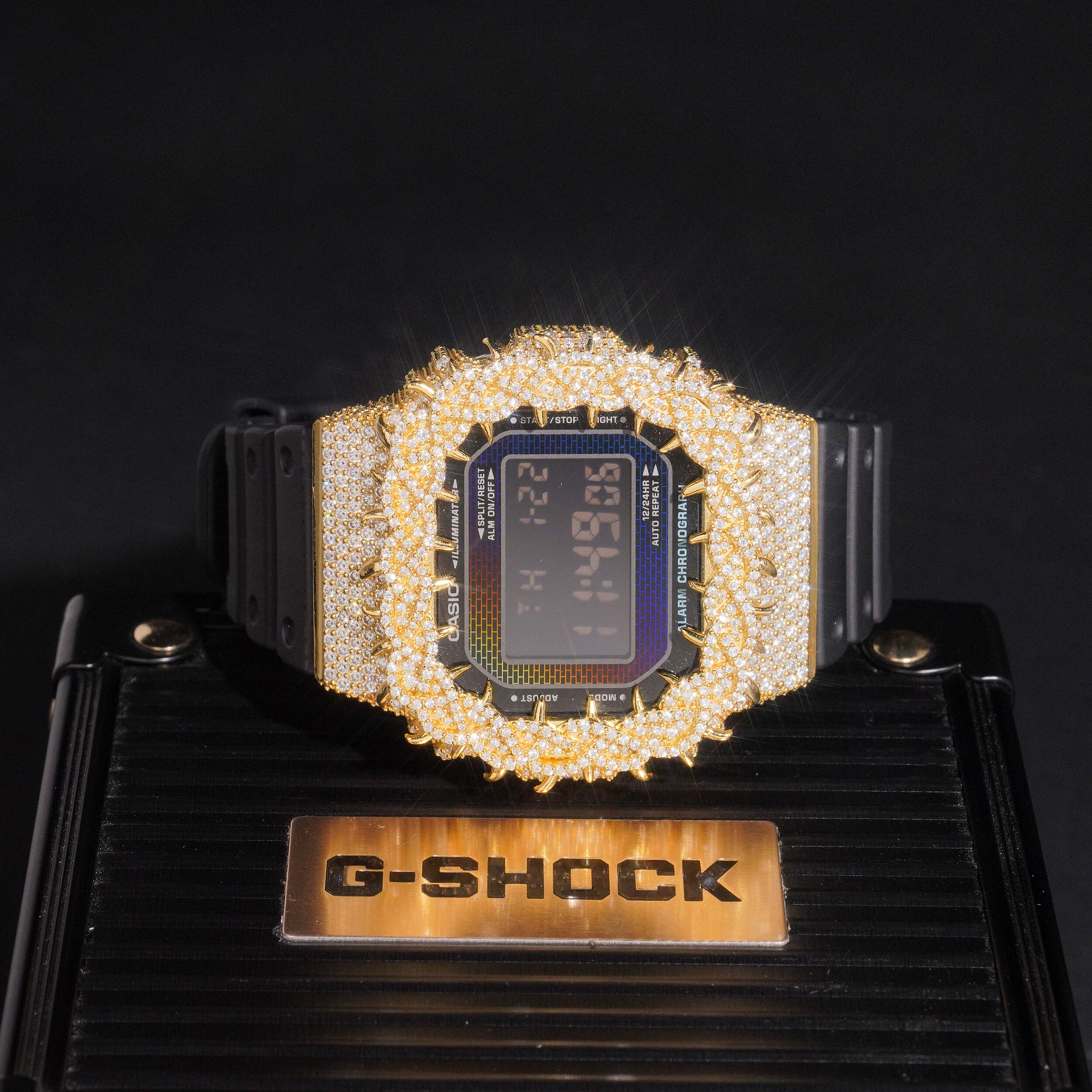 DW5600 G Shock Iced Moissanite Diamond Watch close-up - The Real Jewelry Company