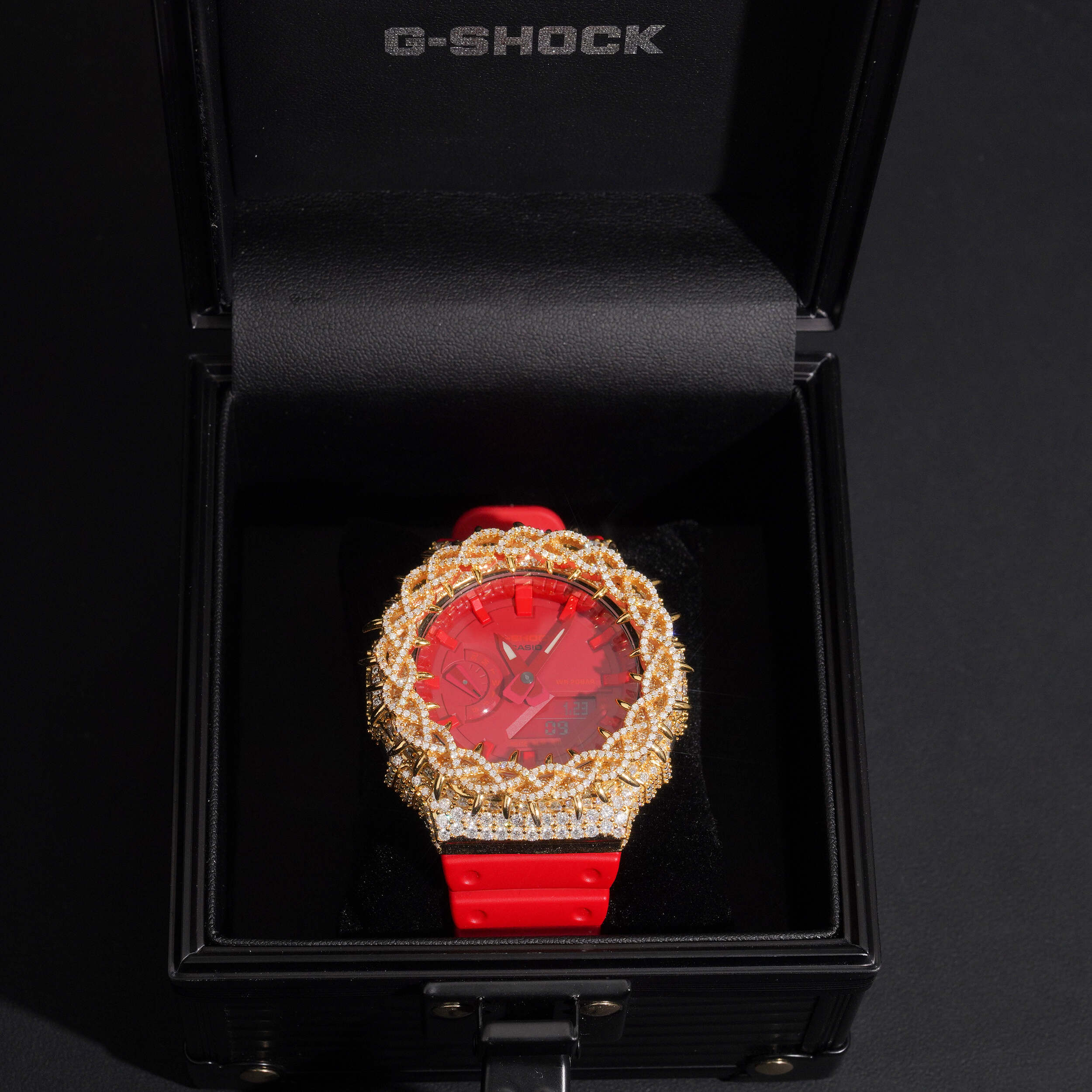 Red Strap GA2100 Gold Moissanite G Shock Watch side view - The Real Jewelry Company