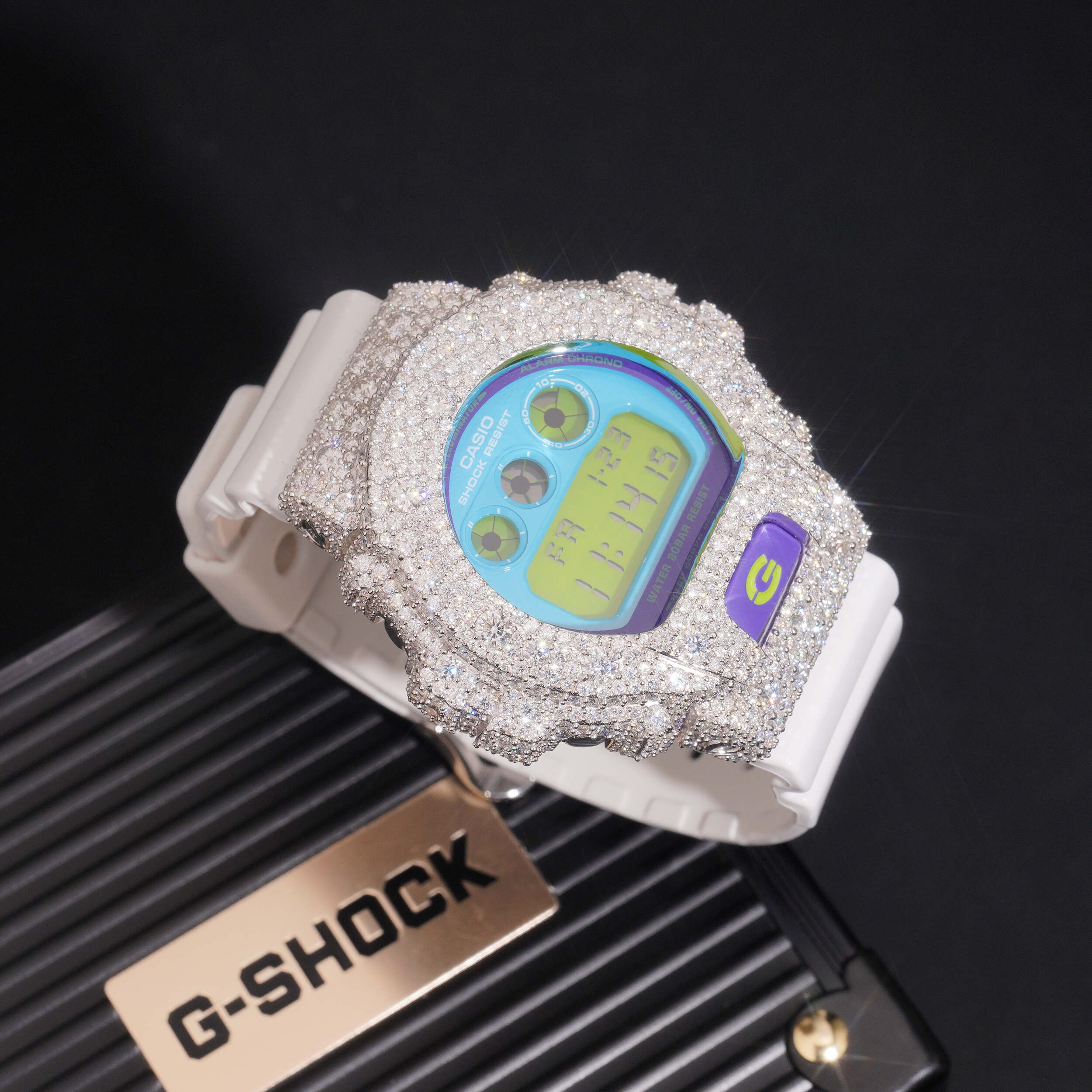 DW6900 G Shock Iced Out Buss Down Moissanite Watch Mosaic Setting close-up - The Real Jewelry Company