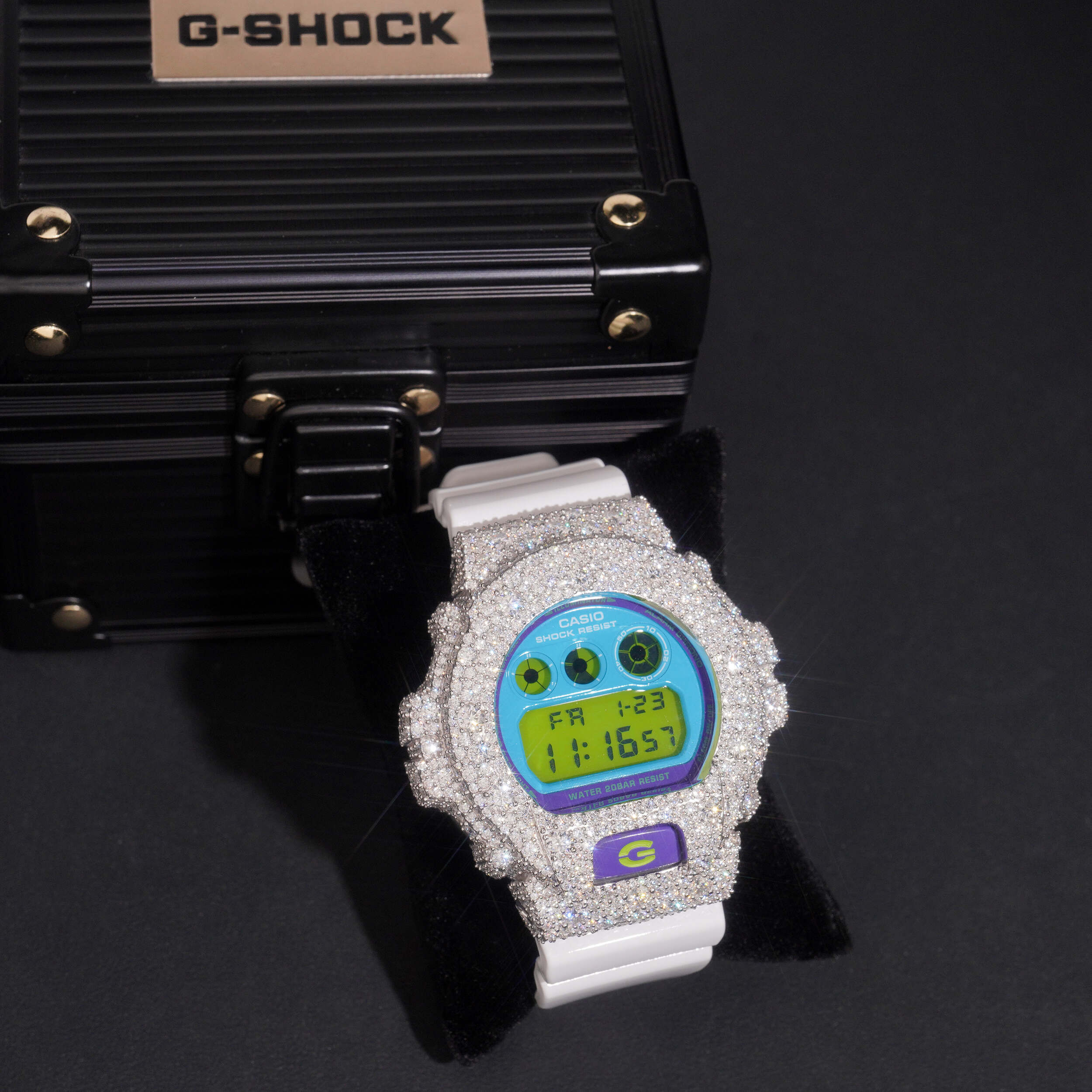 DW6900 G Shock Iced Out Buss Down Moissanite Watch Mosaic Setting detail - The Real Jewelry Company