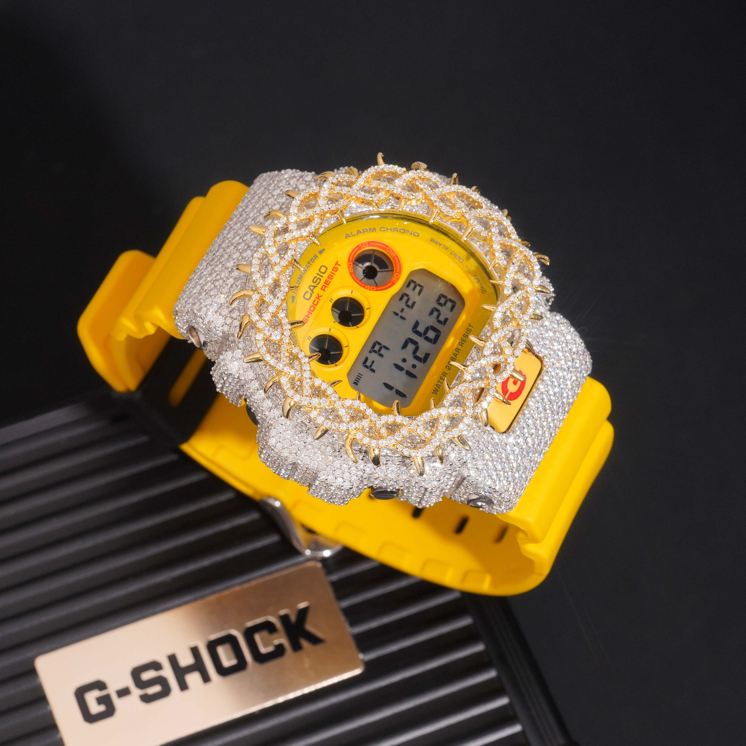 Yellow Gold Tow Tone DW6900 Moissanite G Shock Watch close-up - The Real Jewelry Company