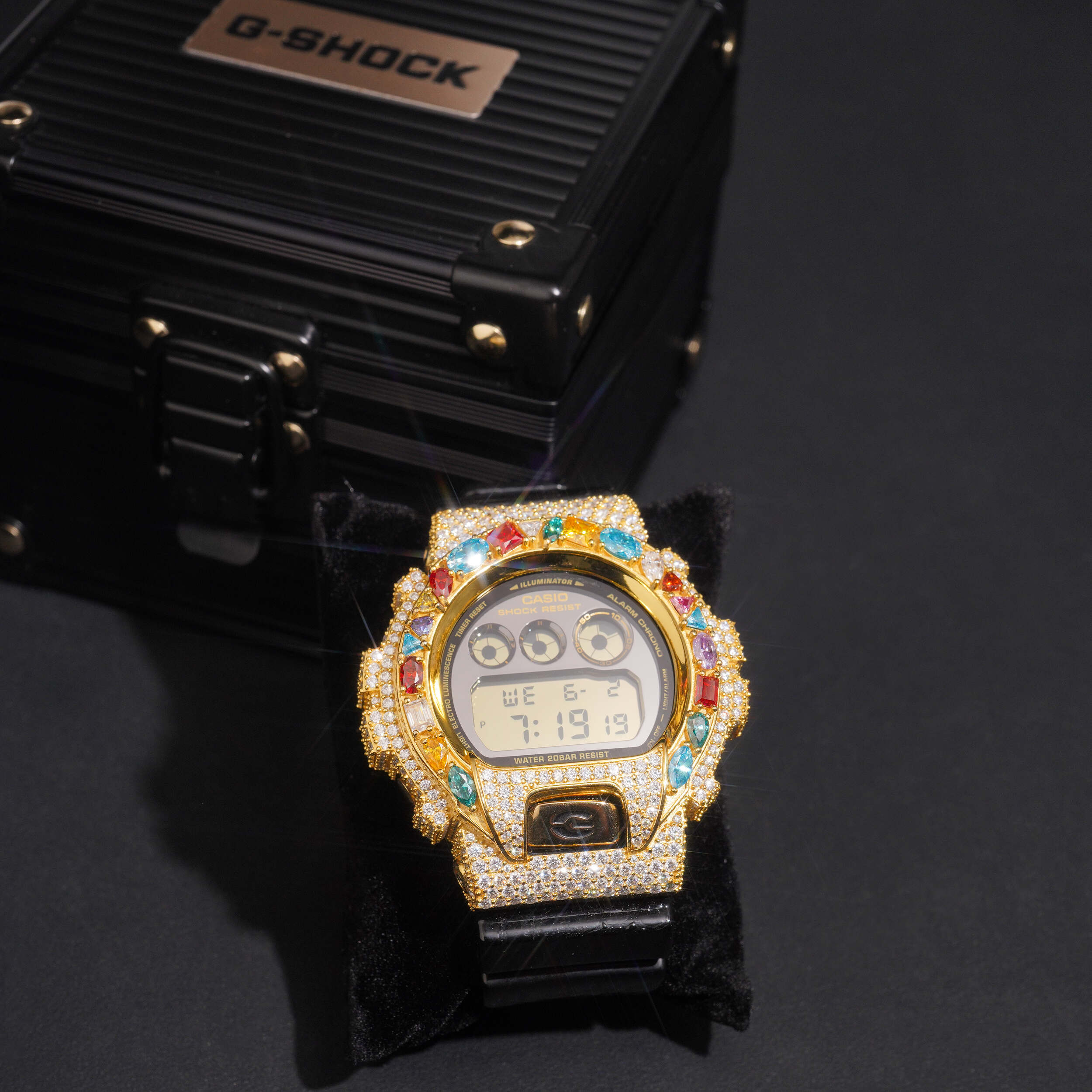 Fancy Cut Color Moissanite G Shock Watch 18K Gold side view - The Real Jewelry Company