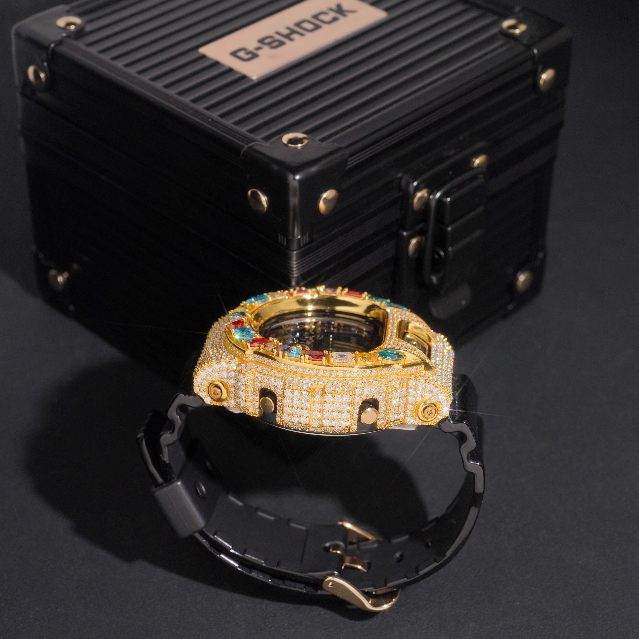 Fancy Cut Color Moissanite G Shock Watch 18K Gold detail - The Real Jewelry Company