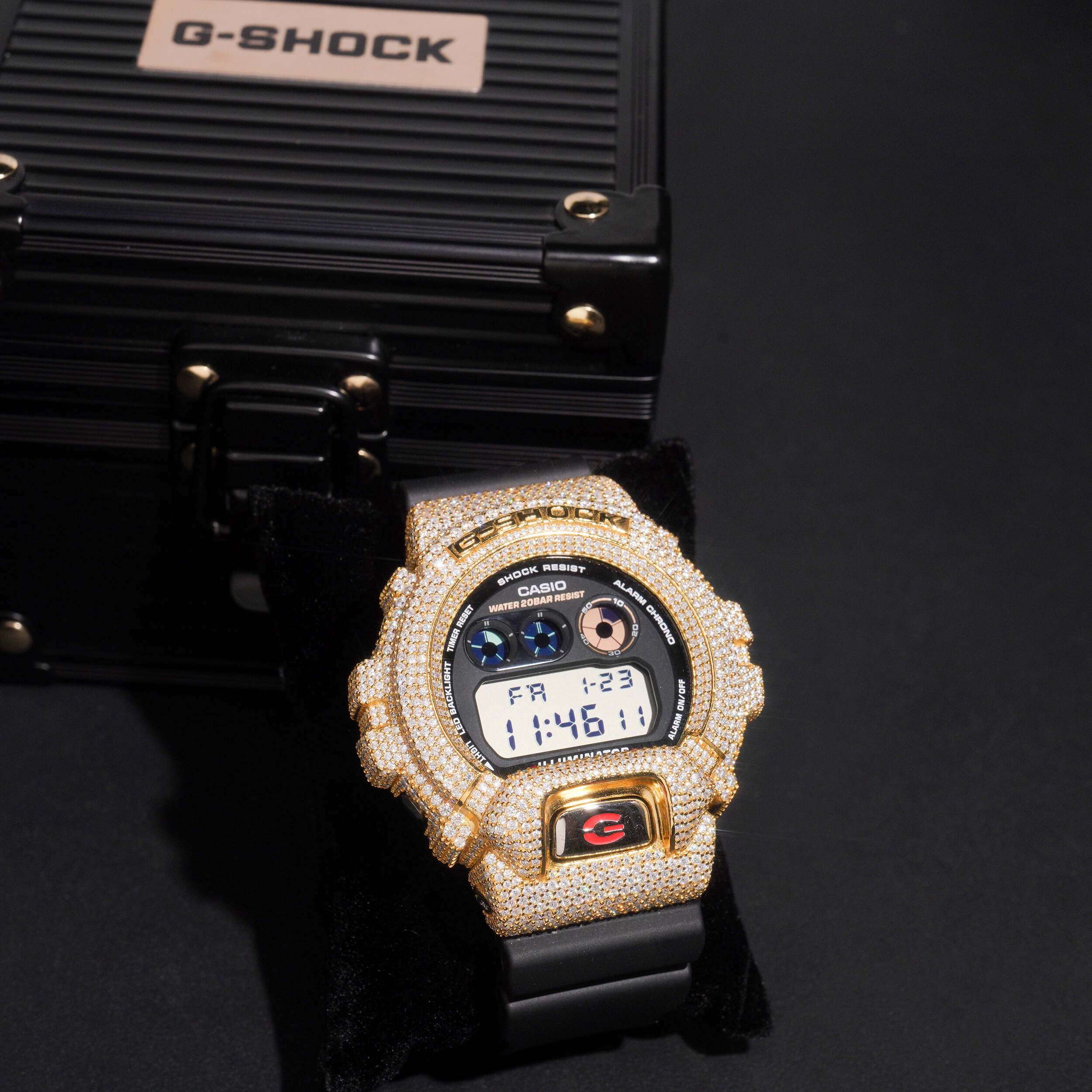 Iced Out 18K Yellow Gold G Shock Watch Moissanite Diamond detail - The Real Jewelry Company