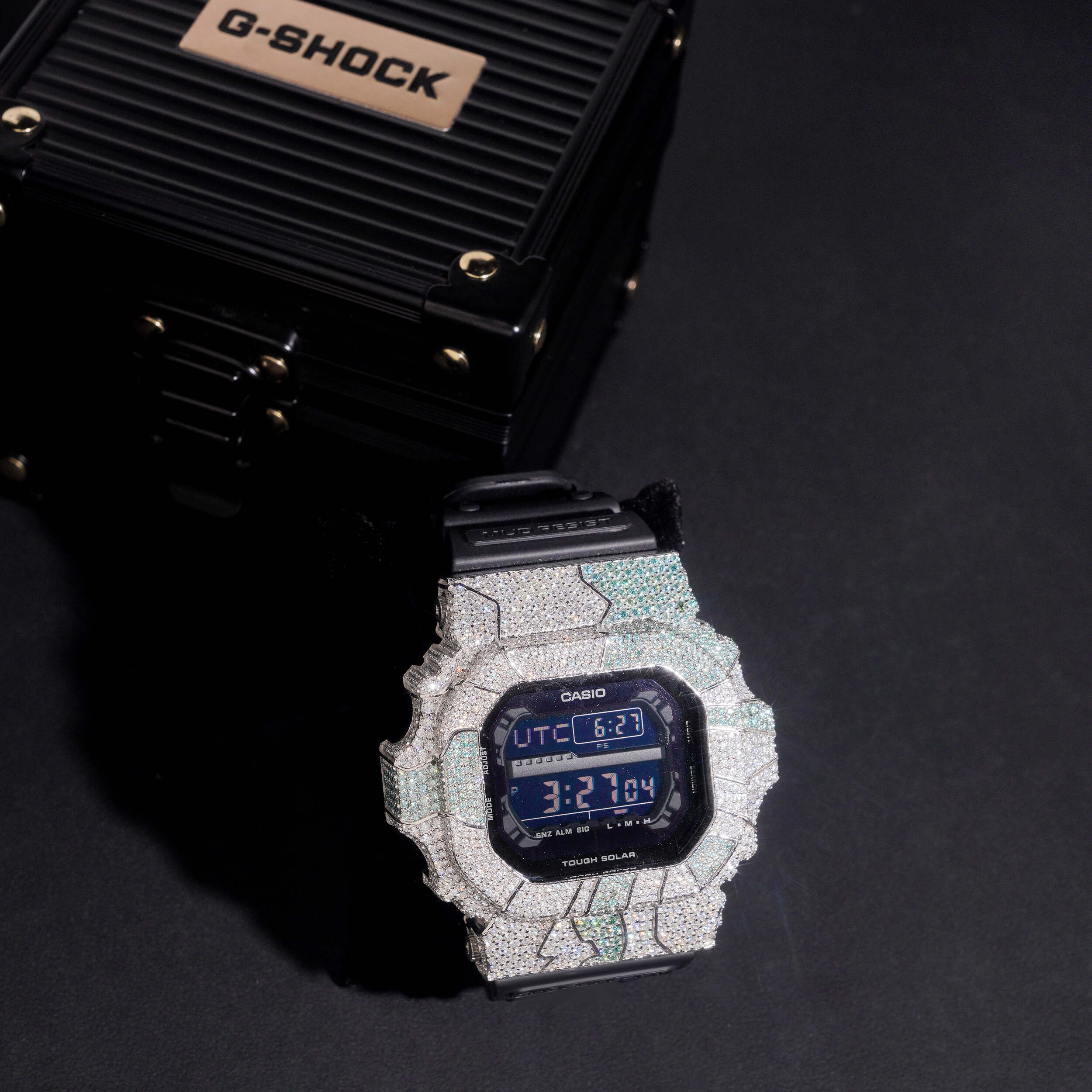 Casio GX56 Iced Out Moissanite Diamond Watch For Men Camo Style close-up - The Real Jewelry Company
