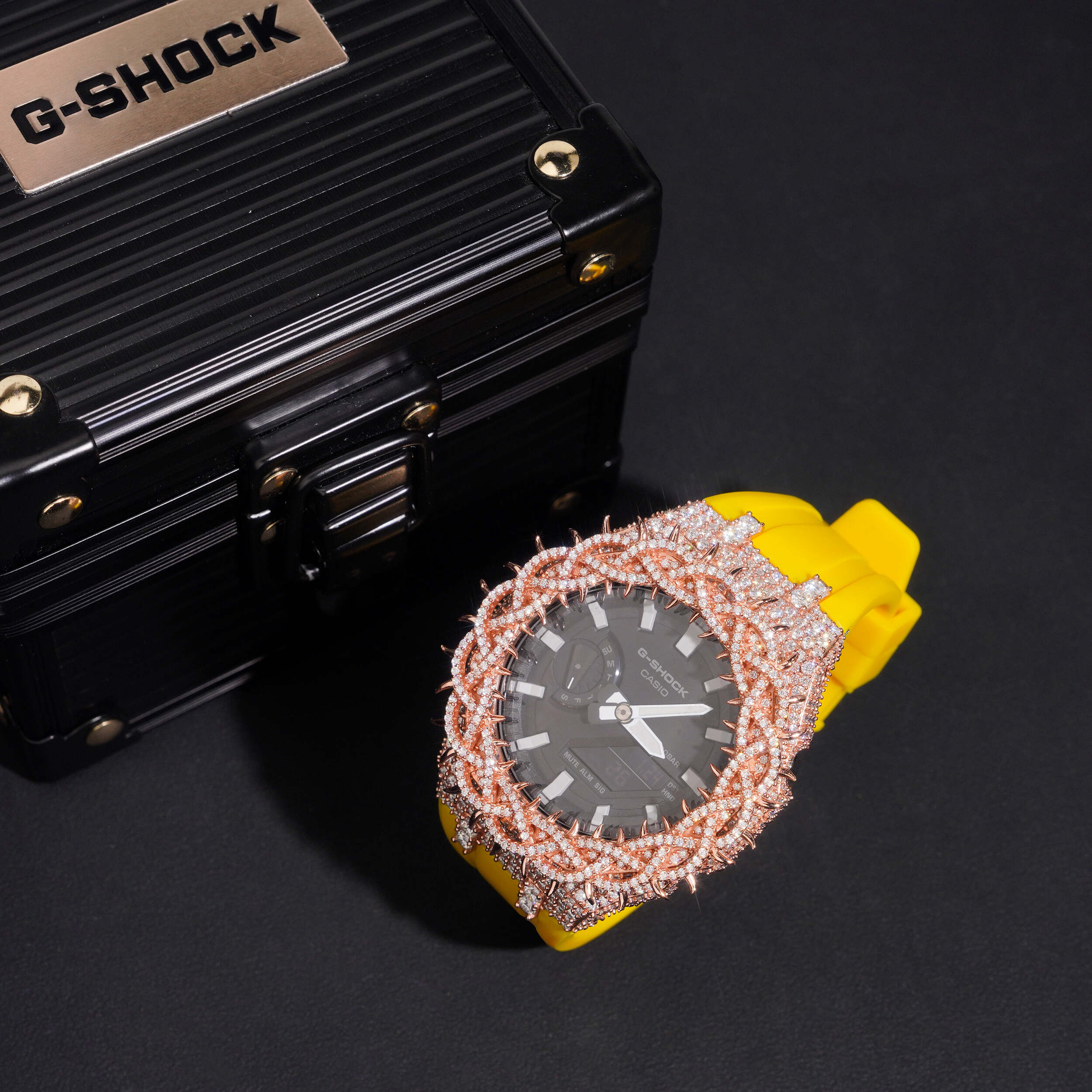 Yellow Band Iced Out G Shock GA2100 Watch close-up - The Real Jewelry Company
