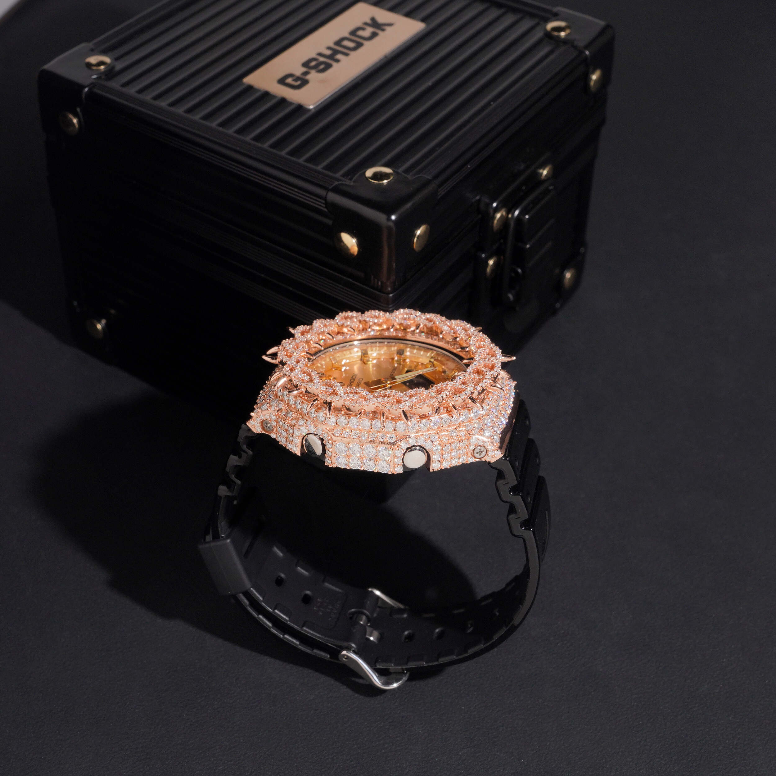 Rose Gold Moissanite Diamond G Shock Watch GA2100 side view - The Real Jewelry Company