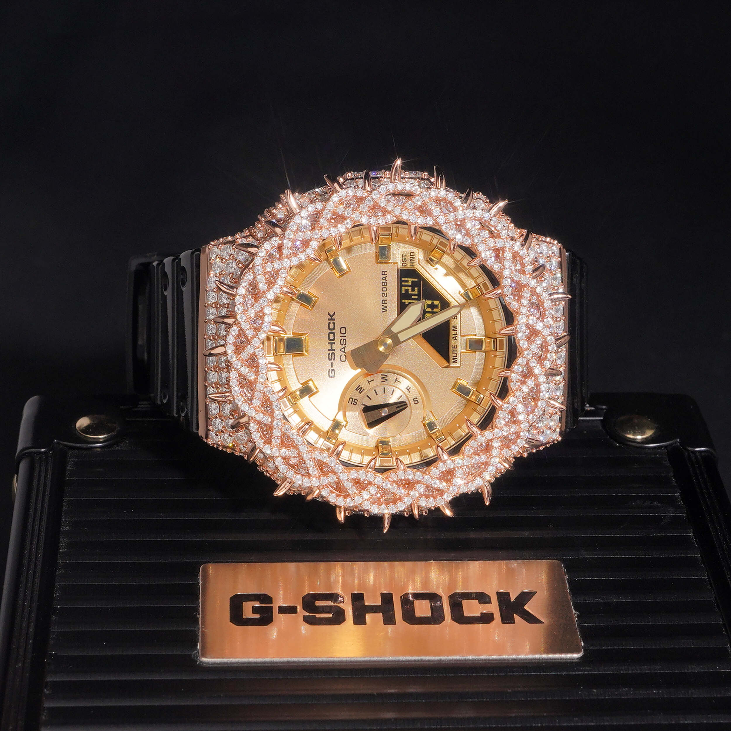 Rose Gold Moissanite Diamond G Shock Watch GA2100 detail - The Real Jewelry Company