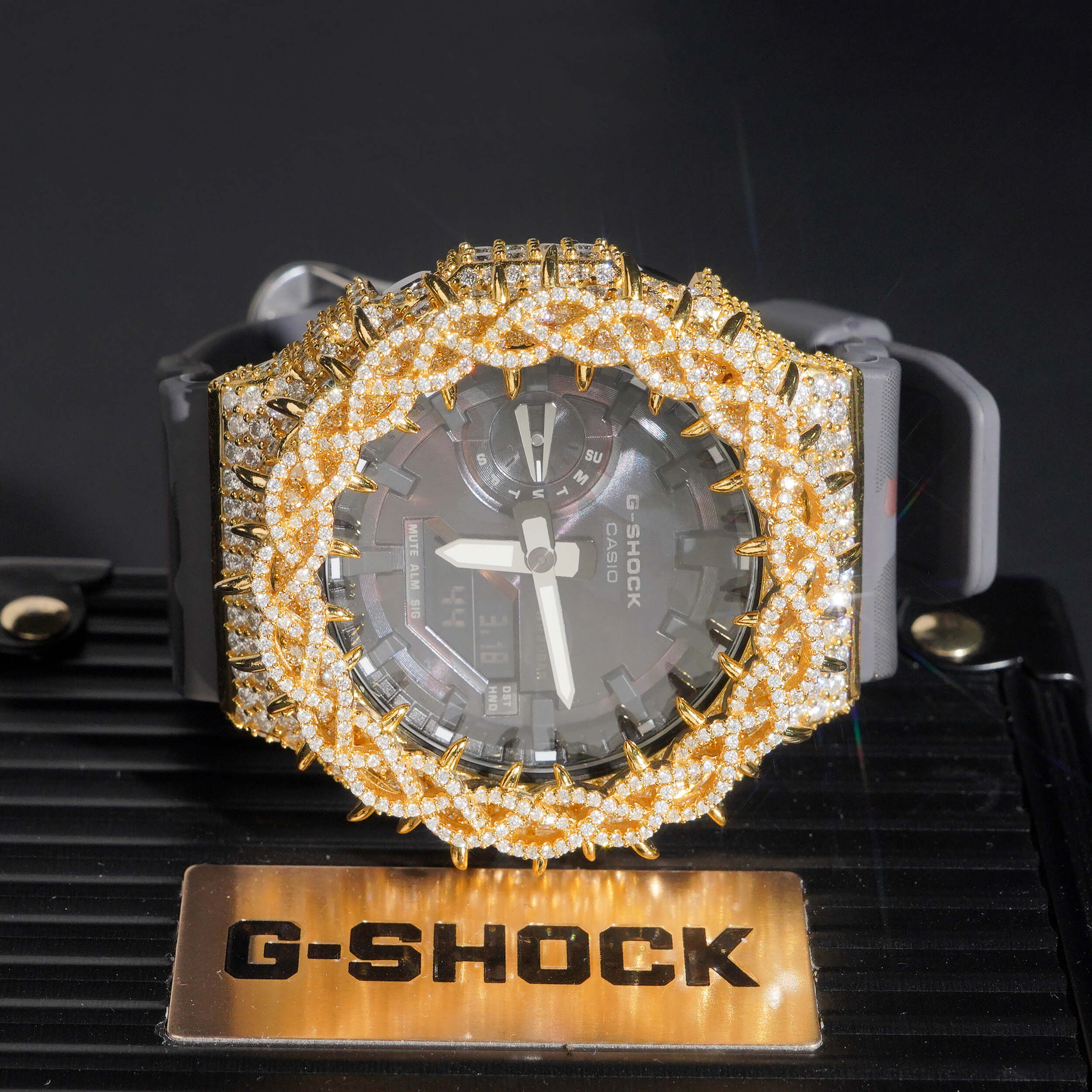 Yellow Gold Camo Band Iced Out G Shock GA2100 Watch side view - The Real Jewelry Company
