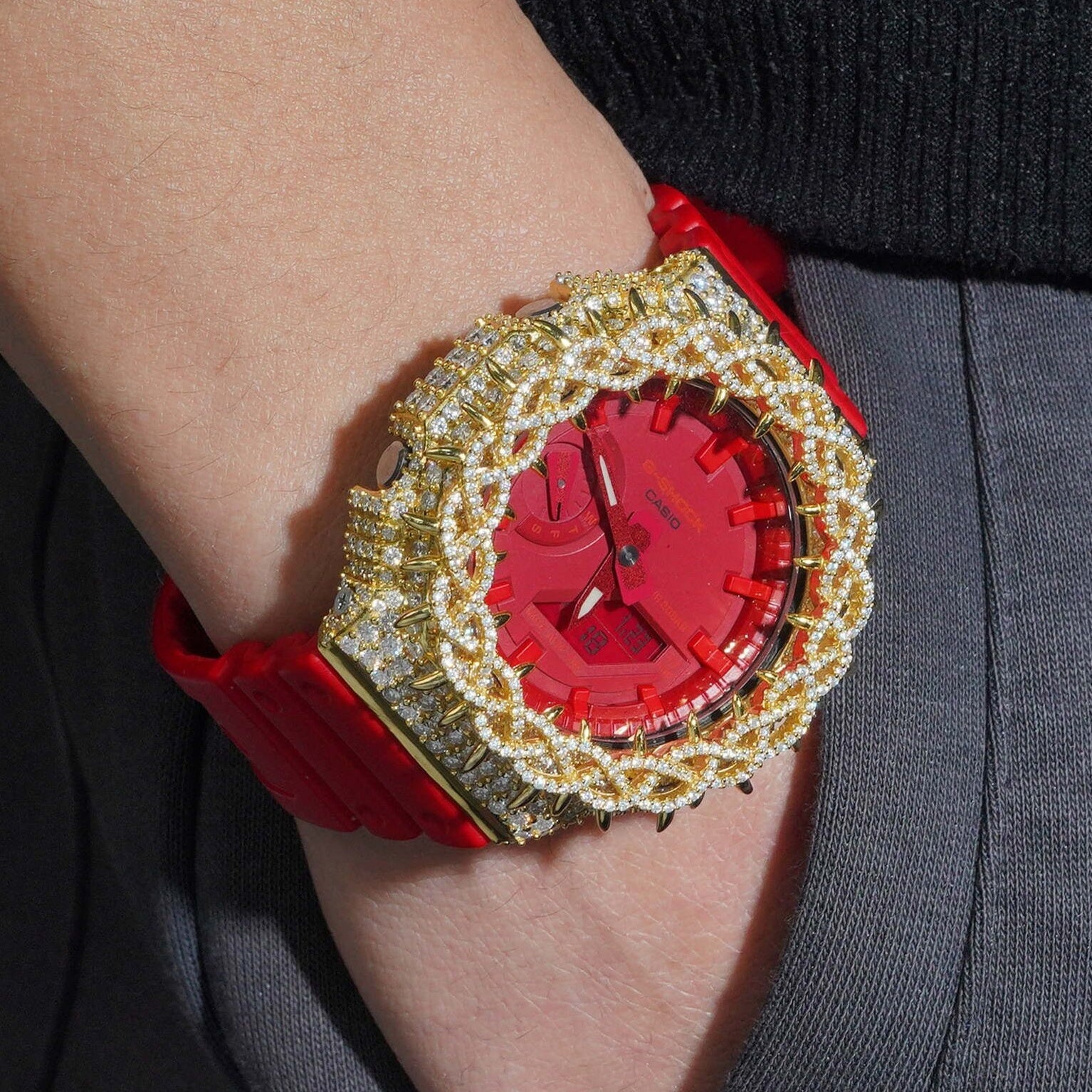Red Strap GA2100 Gold Moissanite G Shock Watch - Moissanite Watch from The Real Jewelry Company