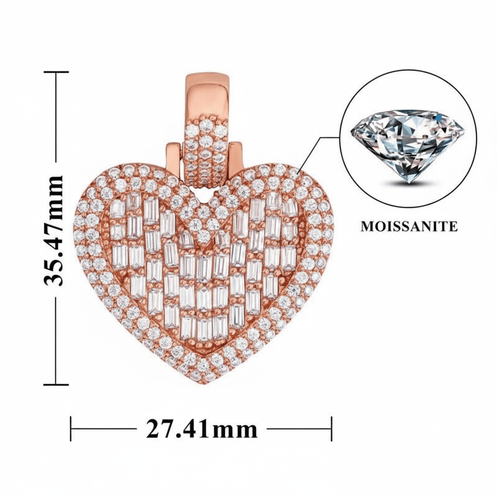 Baguette - Cut Moissanite Heart Pendant – 3.83ct in 14kGold Vermeil
