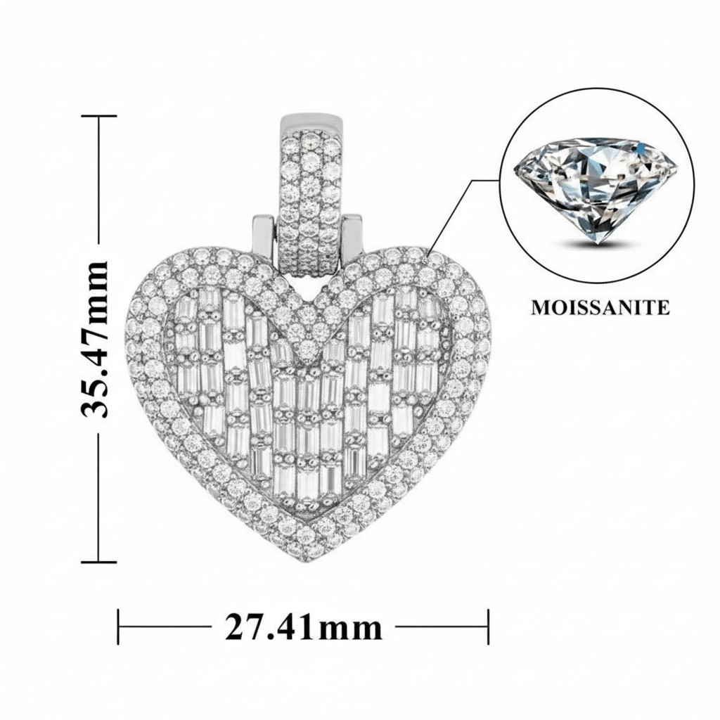 Baguette - Cut Moissanite Heart Pendant – 3.83ct in 14kGold Vermeil