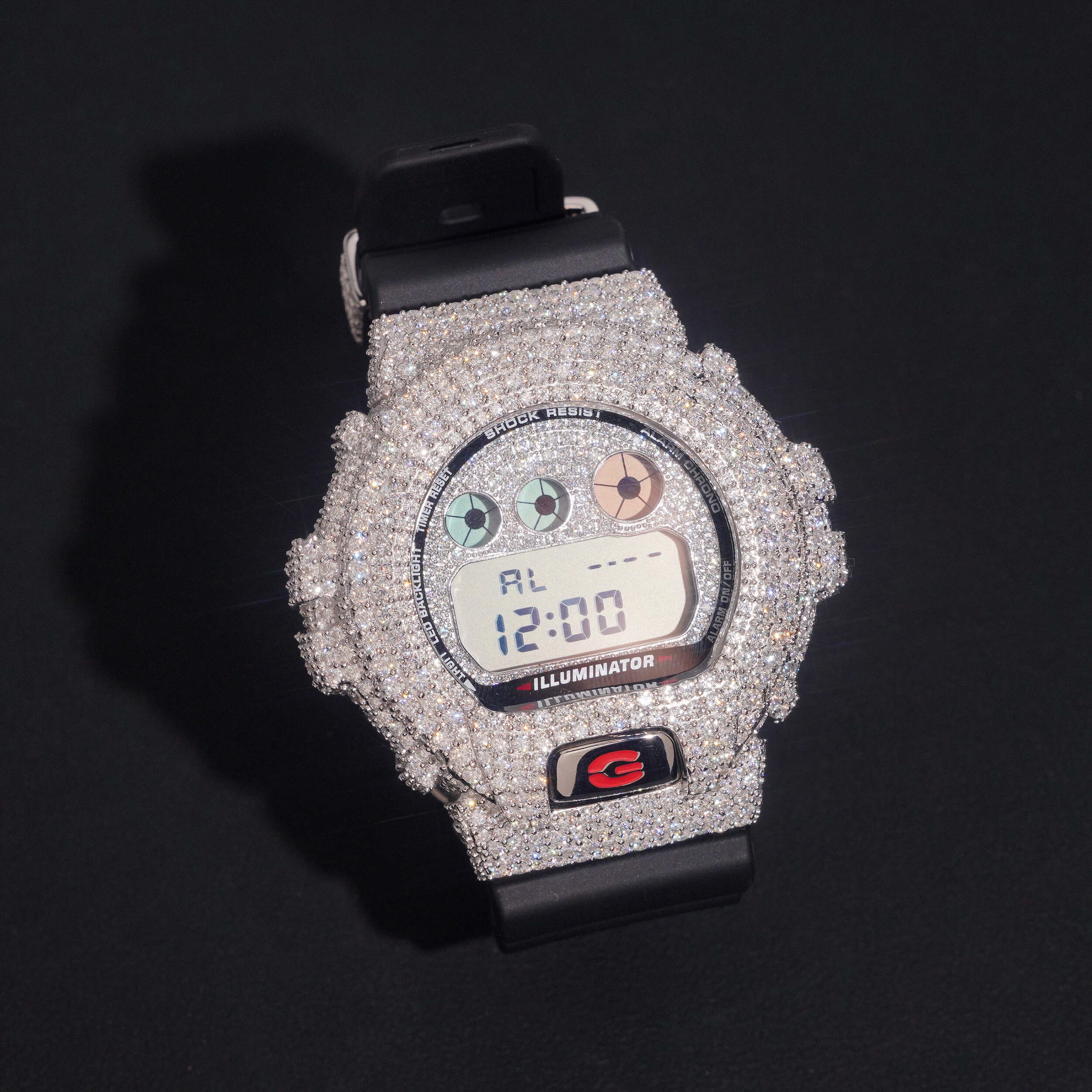 Custom G Shock Iced Out DW6900 Moissanite Watches Case 14K Gold side view - The Real Jewelry Company