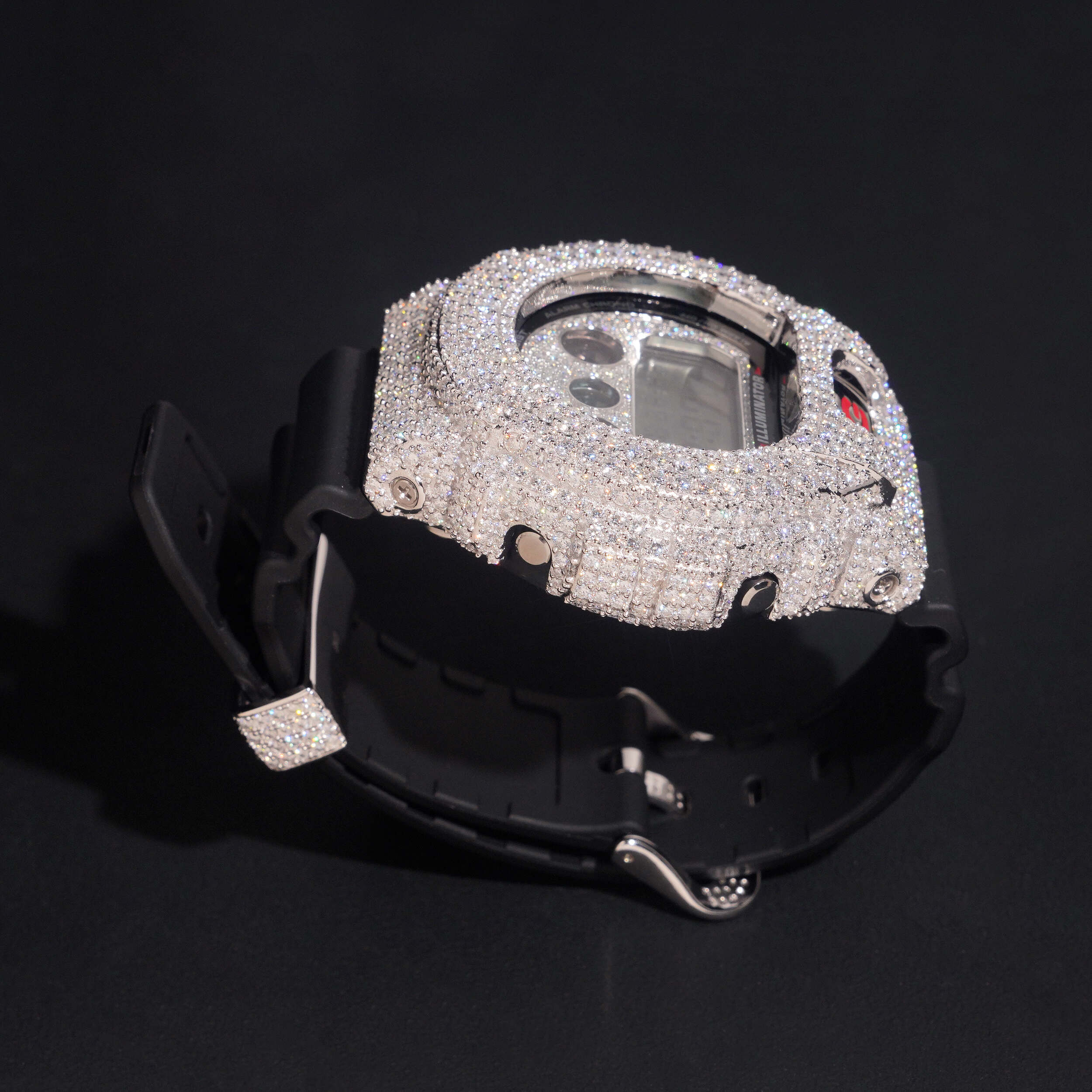 Custom G Shock Iced Out DW6900 Moissanite Watches Case 14K Gold detail - The Real Jewelry Company