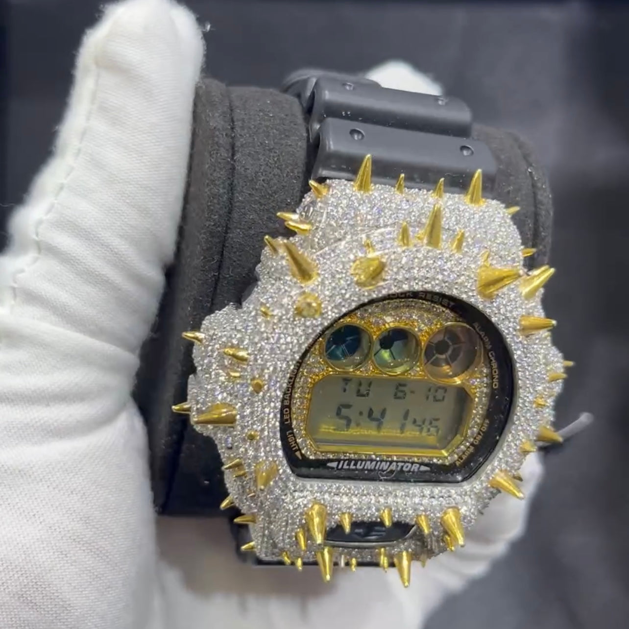 Custom Spike G Shock GA2100 Moissanite Watches Case 14K Gold on model - The Real Jewelry Company