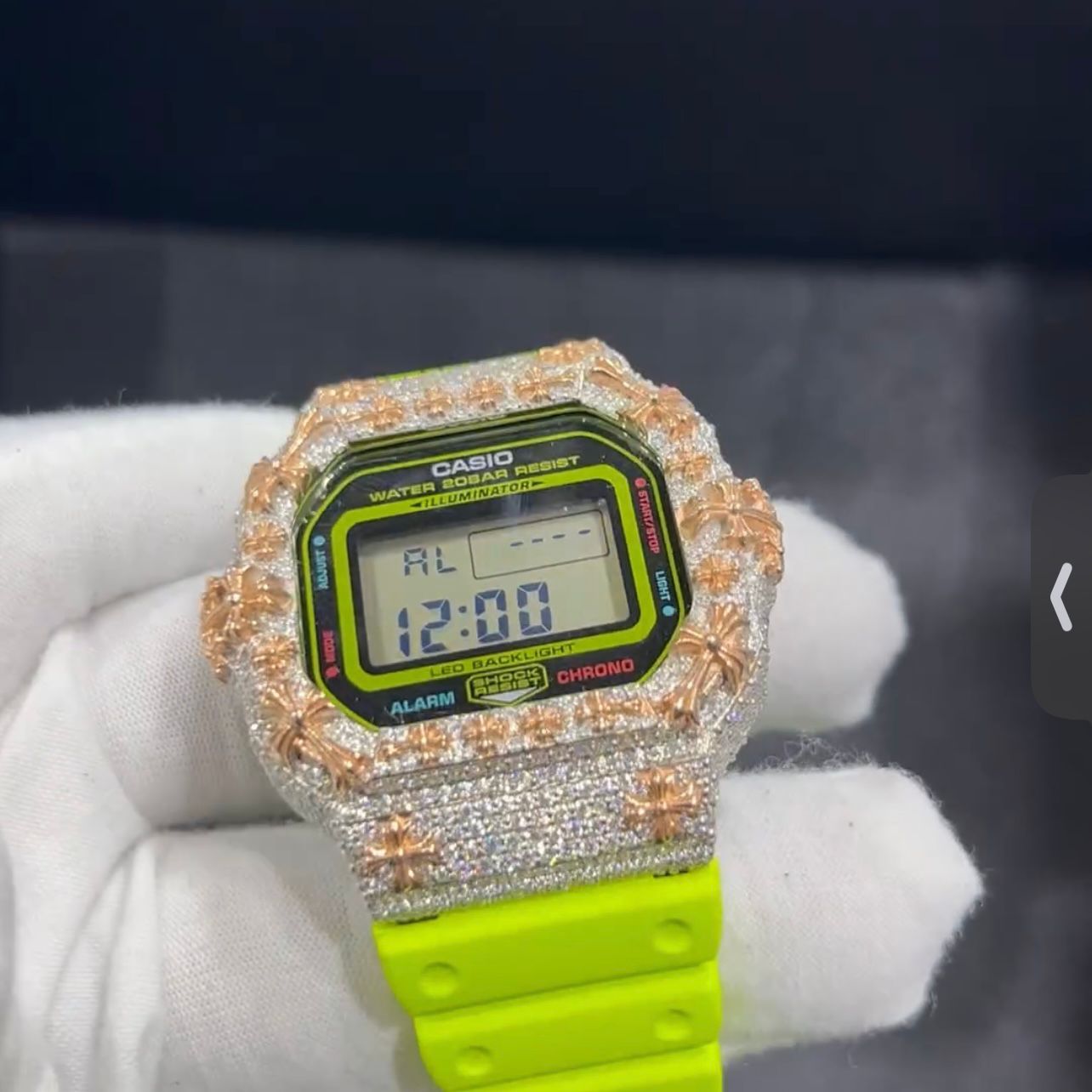 Custom Two Tone G Shock DW6900 Moissanite Watches Case 14K Gold side view - The Real Jewelry Company