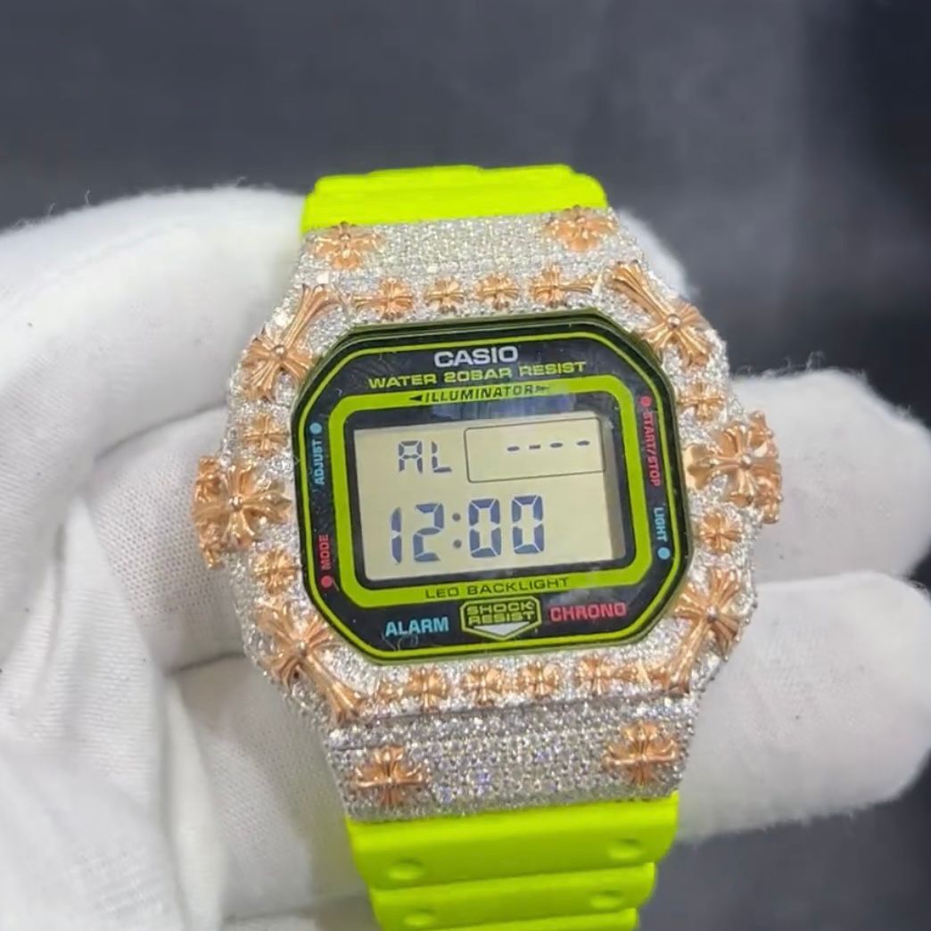 Custom Two Tone G Shock DW6900 Moissanite Watches Case 14K Gold - Moissanite Watch from The Real Jewelry Company