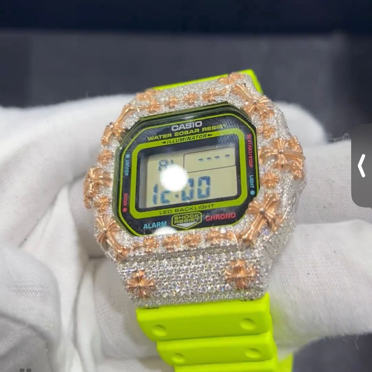 Custom Two Tone G Shock DW6900 Moissanite Watches Case 14K Gold on model - The Real Jewelry Company