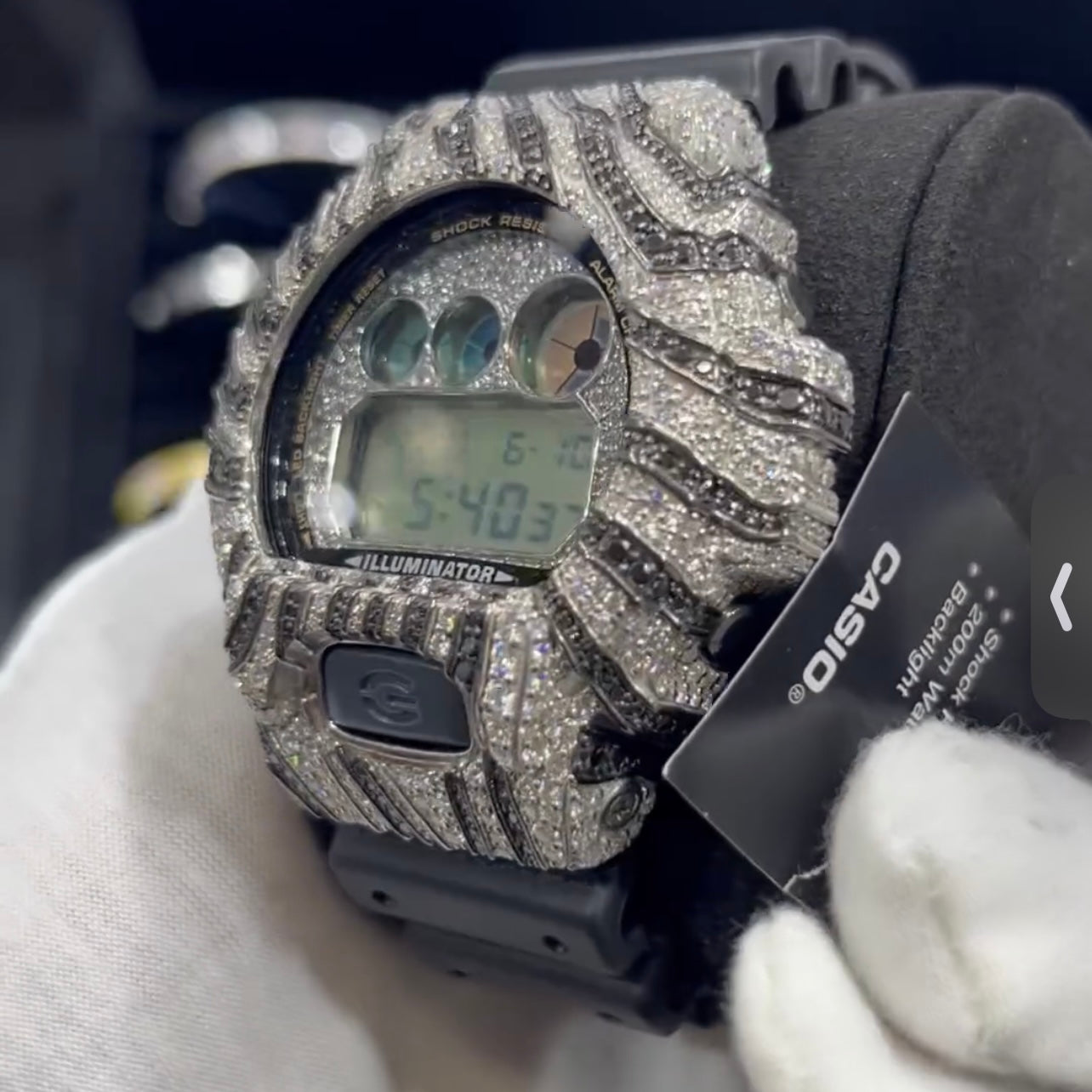 Custom Two Tone Moissanite Diamond G Shock DW6900 Watch Case 14K Gold close-up - The Real Jewelry Company