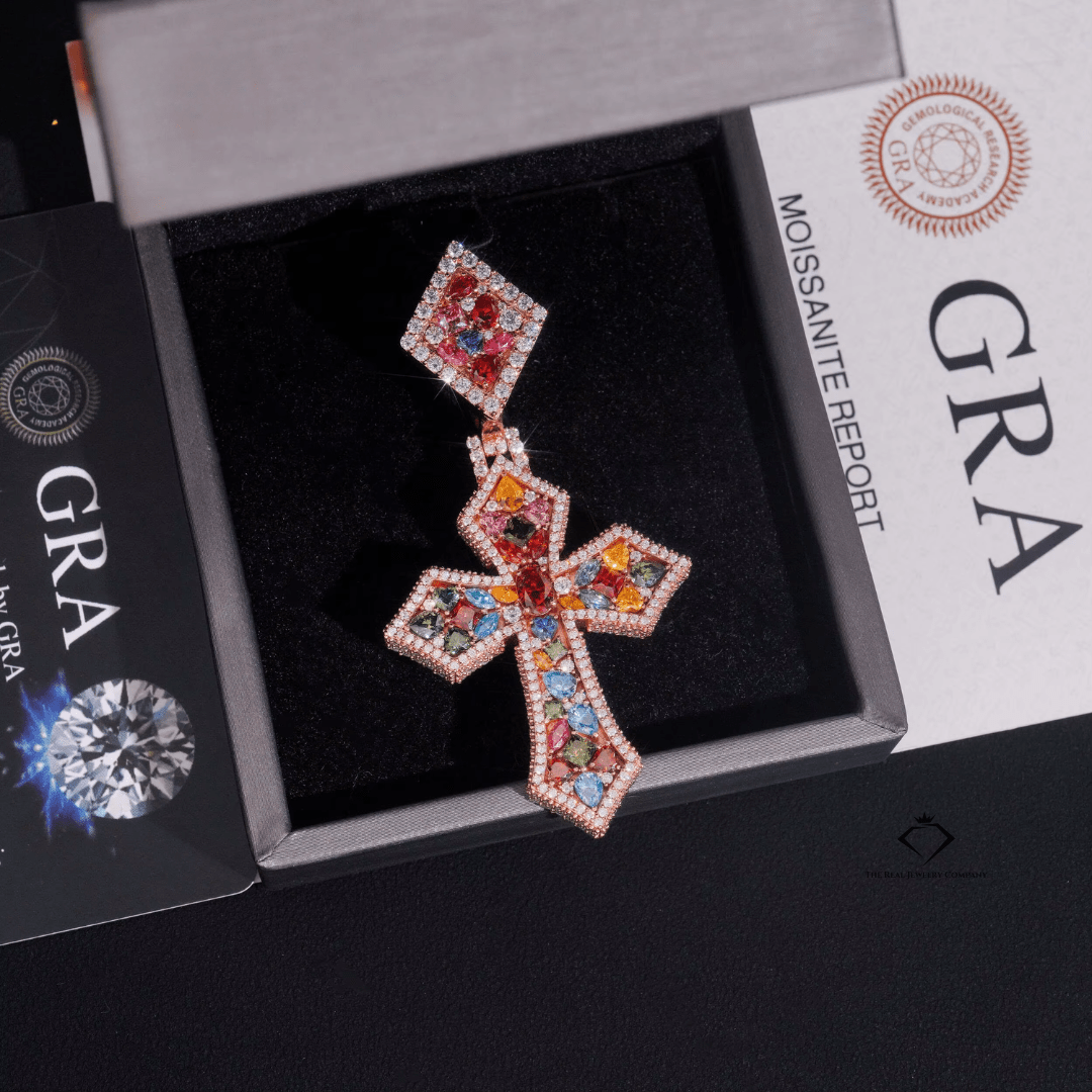 “Divine Ice” Fancy - Cut Moissanite Cross Pendant – 925 Sterling Silver