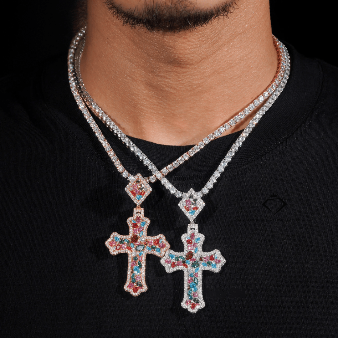 “Divine Ice” Fancy - Cut Moissanite Cross Pendant – 925 Sterling Silver