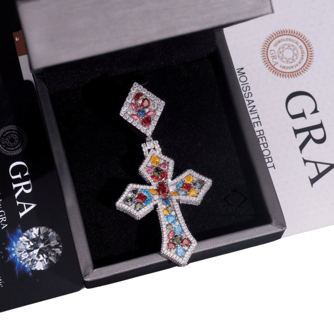 “Divine Ice” Fancy - Cut Moissanite Cross Pendant – 925 Sterling Silver