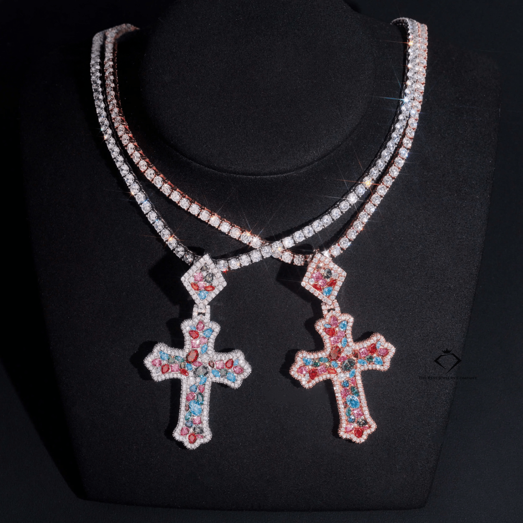 “Divine Ice” Fancy - Cut Moissanite Cross Pendant – 925 Sterling Silver