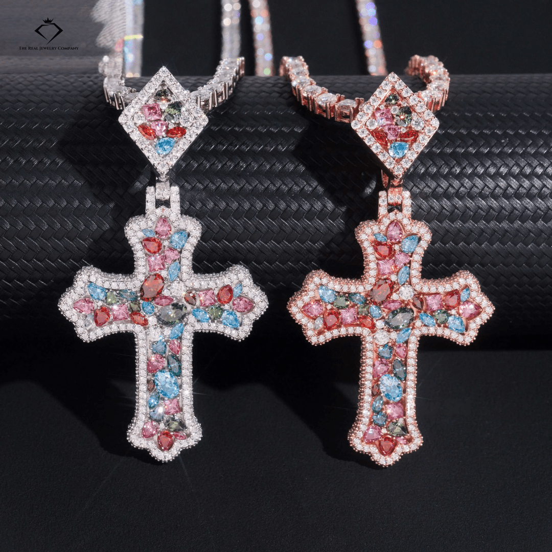 “Divine Ice” Fancy - Cut Moissanite Cross Pendant – 925 Sterling Silver