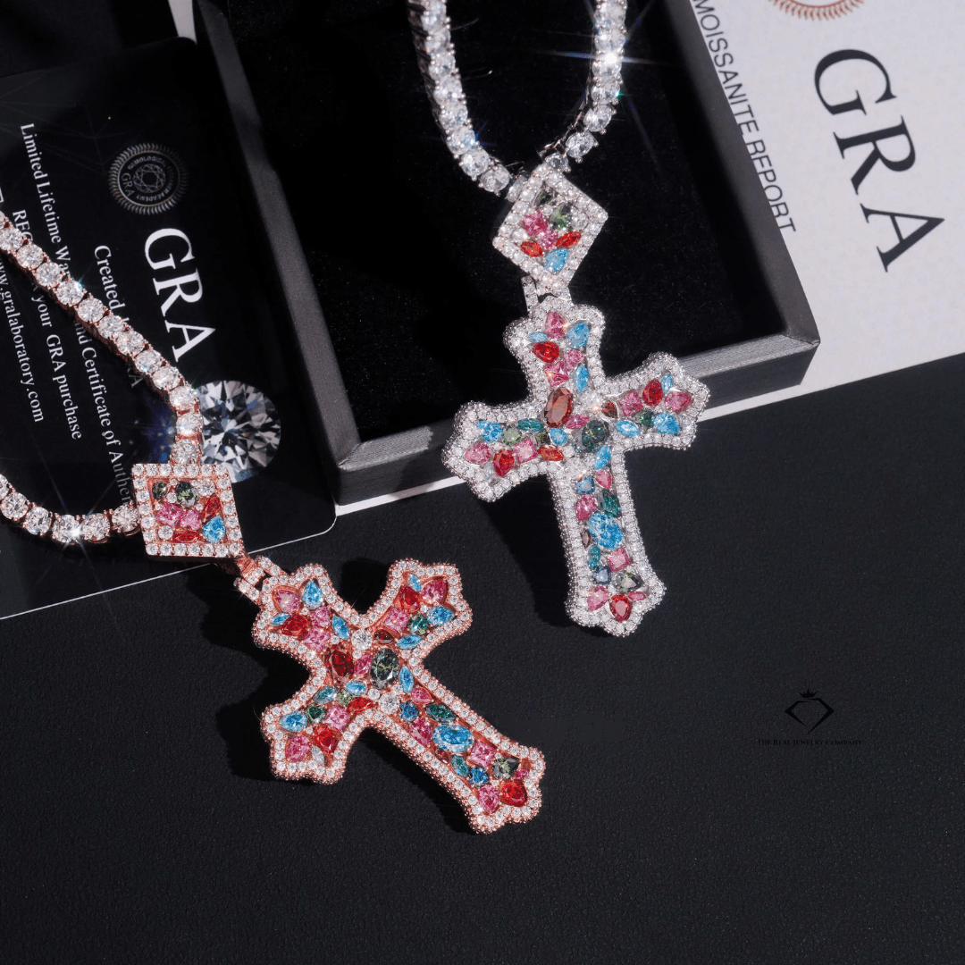“Divine Ice” Fancy - Cut Moissanite Cross Pendant – 925 Sterling Silver