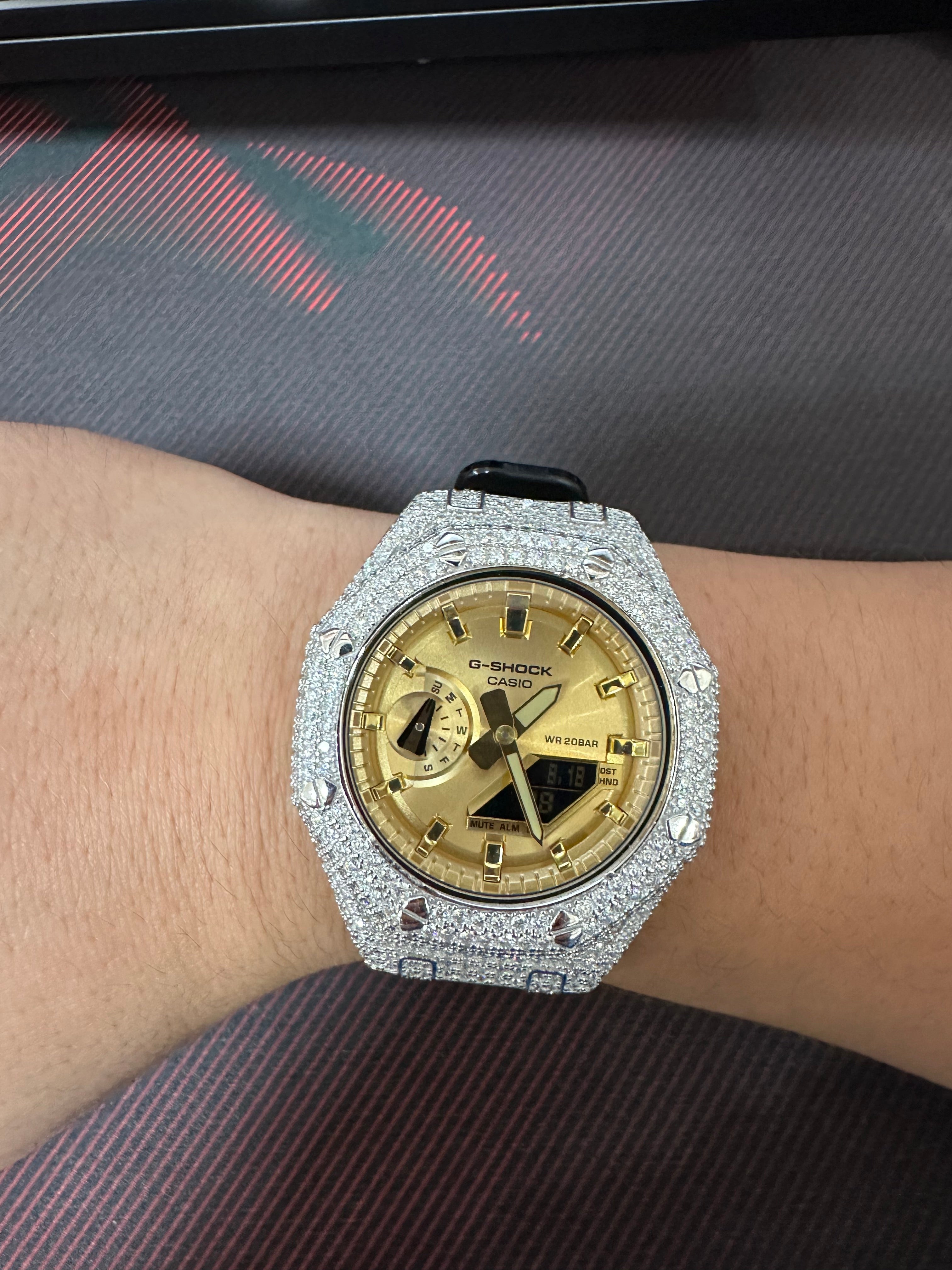 G Shock GA2100 Moissanite Watch Case 14K Gold side view - The Real Jewelry Company