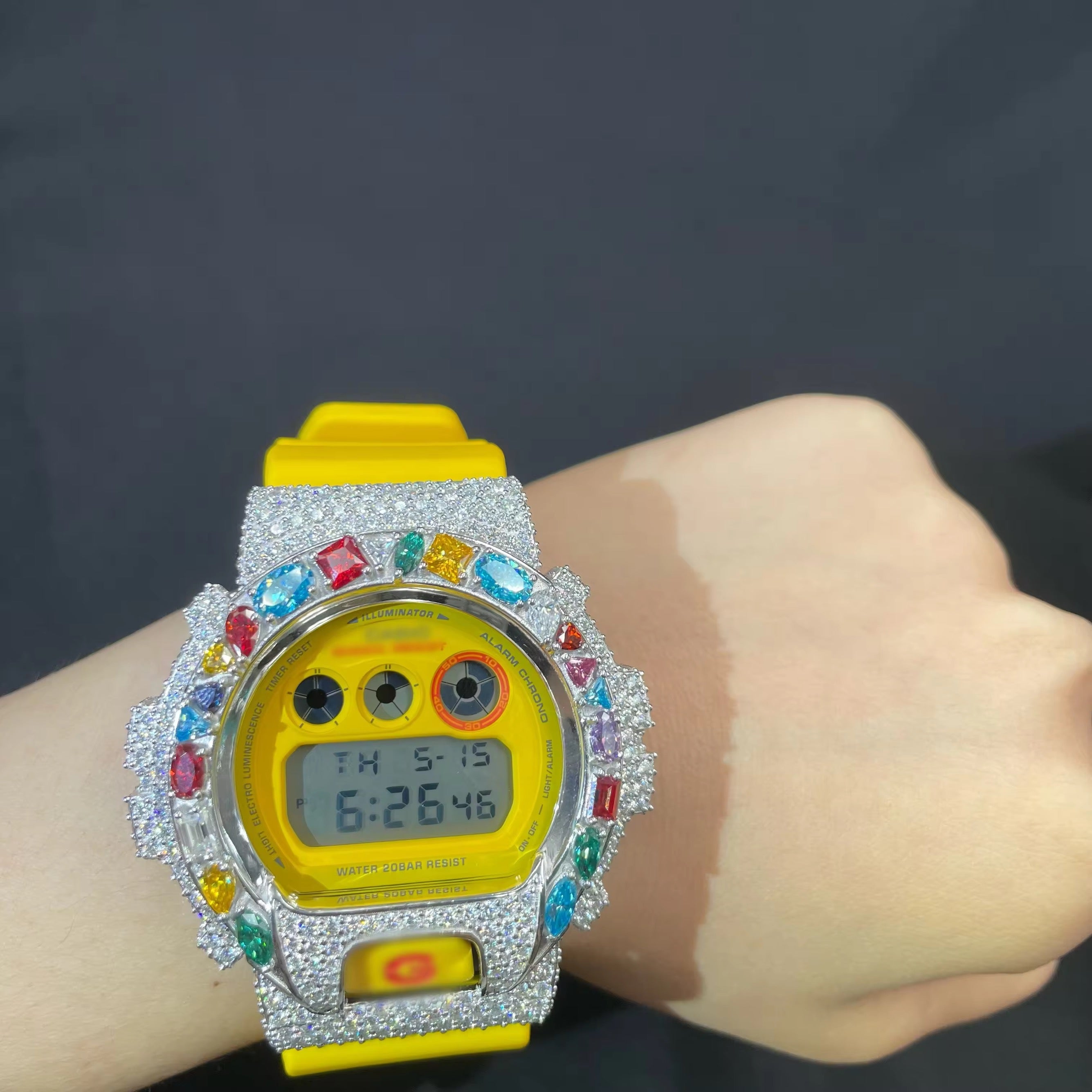 G Shock Iced Out DW6900 Moissanite Watch Case 10K Gold side view - The Real Jewelry Company
