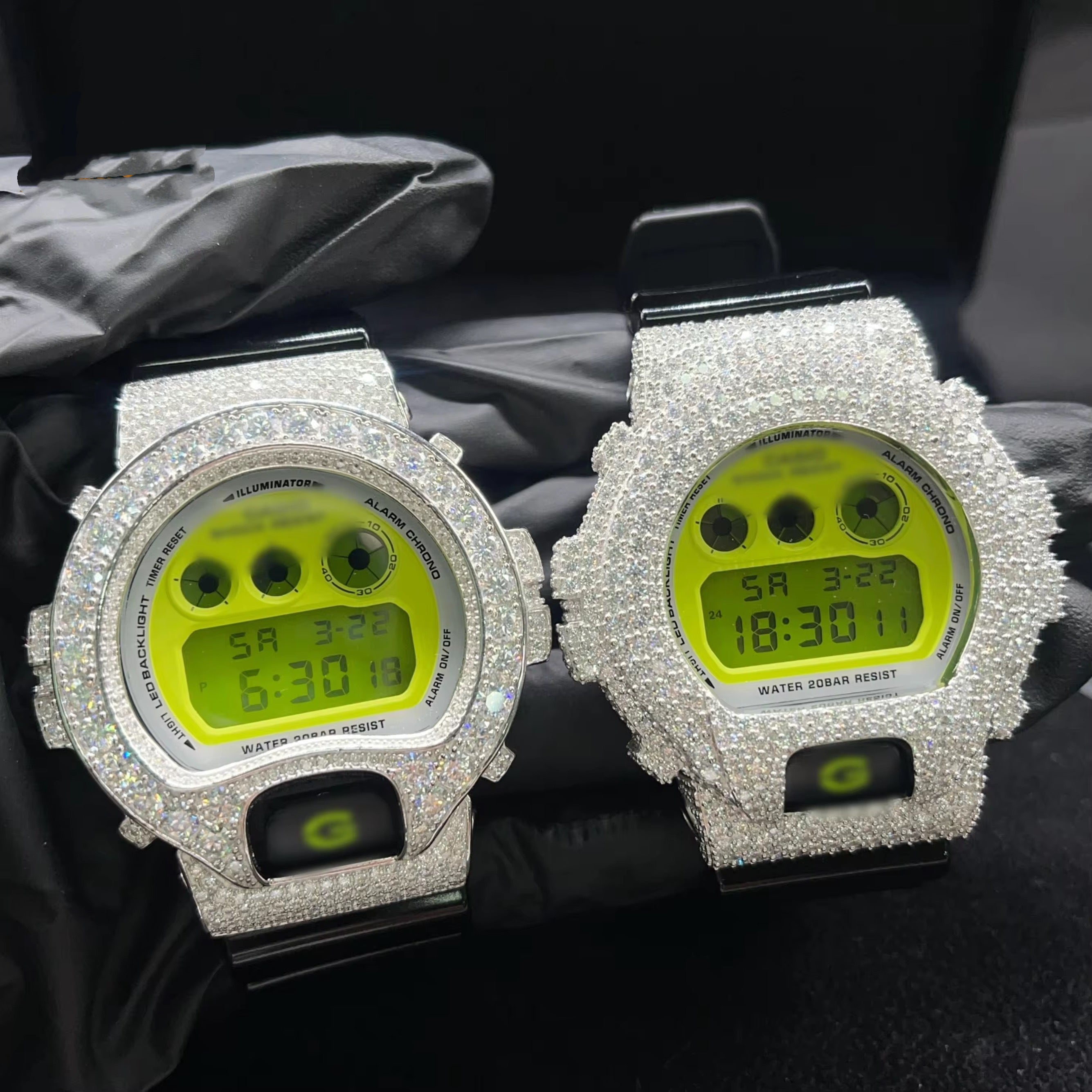 G Shock Iced Out DW6900 Moissanite Watches Case 10K Gold - Moissanite Watch from The Real Jewelry Company
