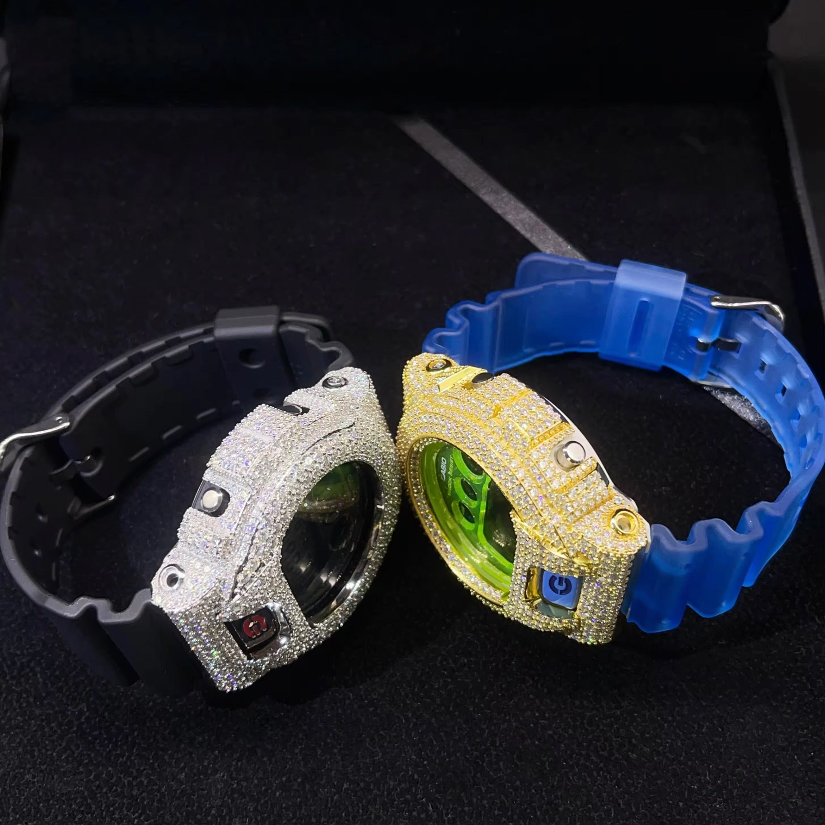 G Shock Iced Out DW6900 Moissanite Watches Case 14K Gold side view - The Real Jewelry Company