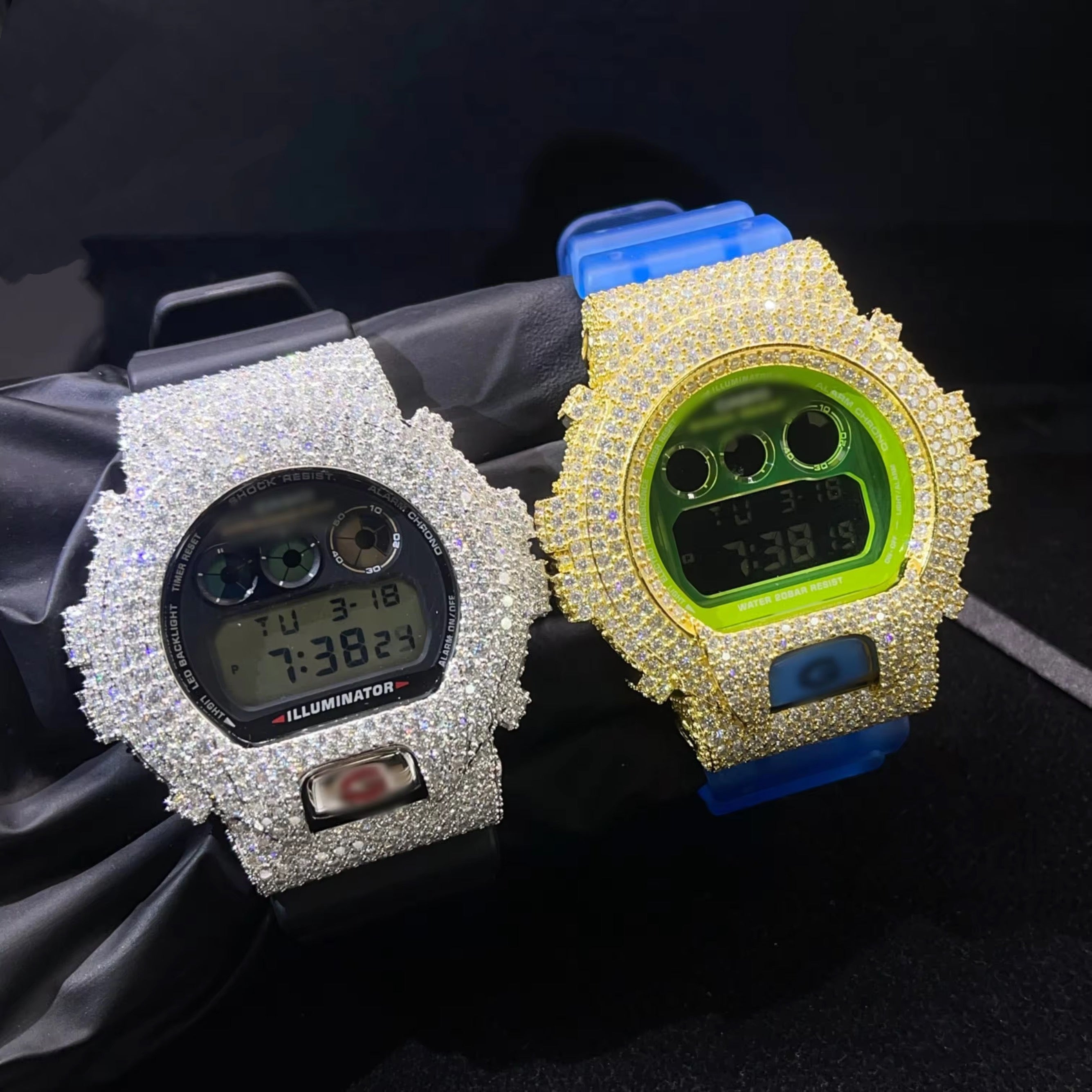 G Shock Iced Out DW6900 Moissanite Watches Case 14K Gold - Moissanite Watch from The Real Jewelry Company