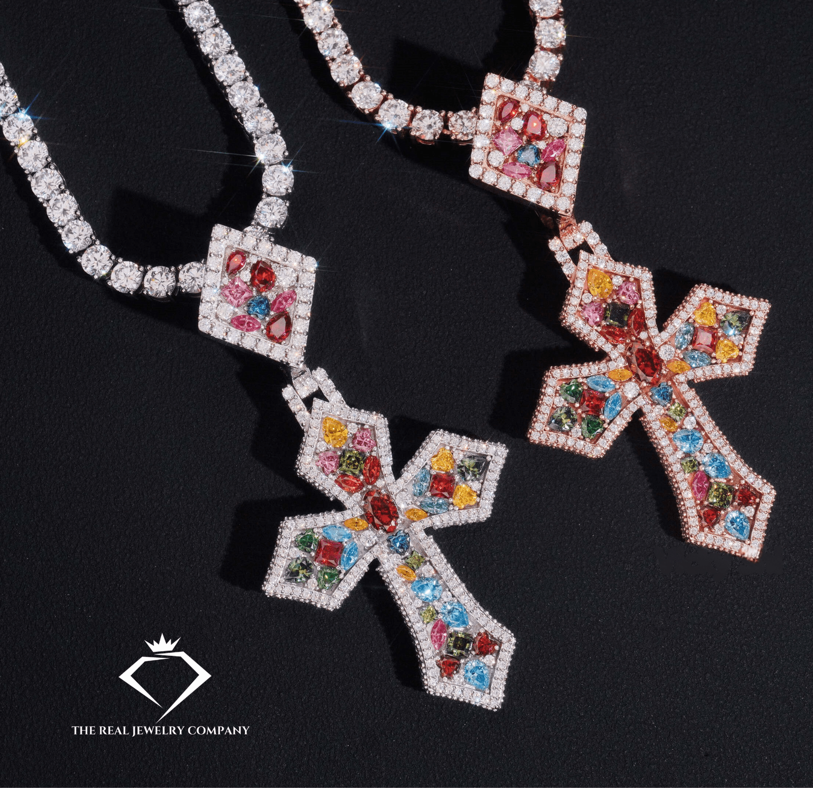 Heavenly Ice – Multicolor Moissanite & Sapphire Cross Pendant (STOCK)
