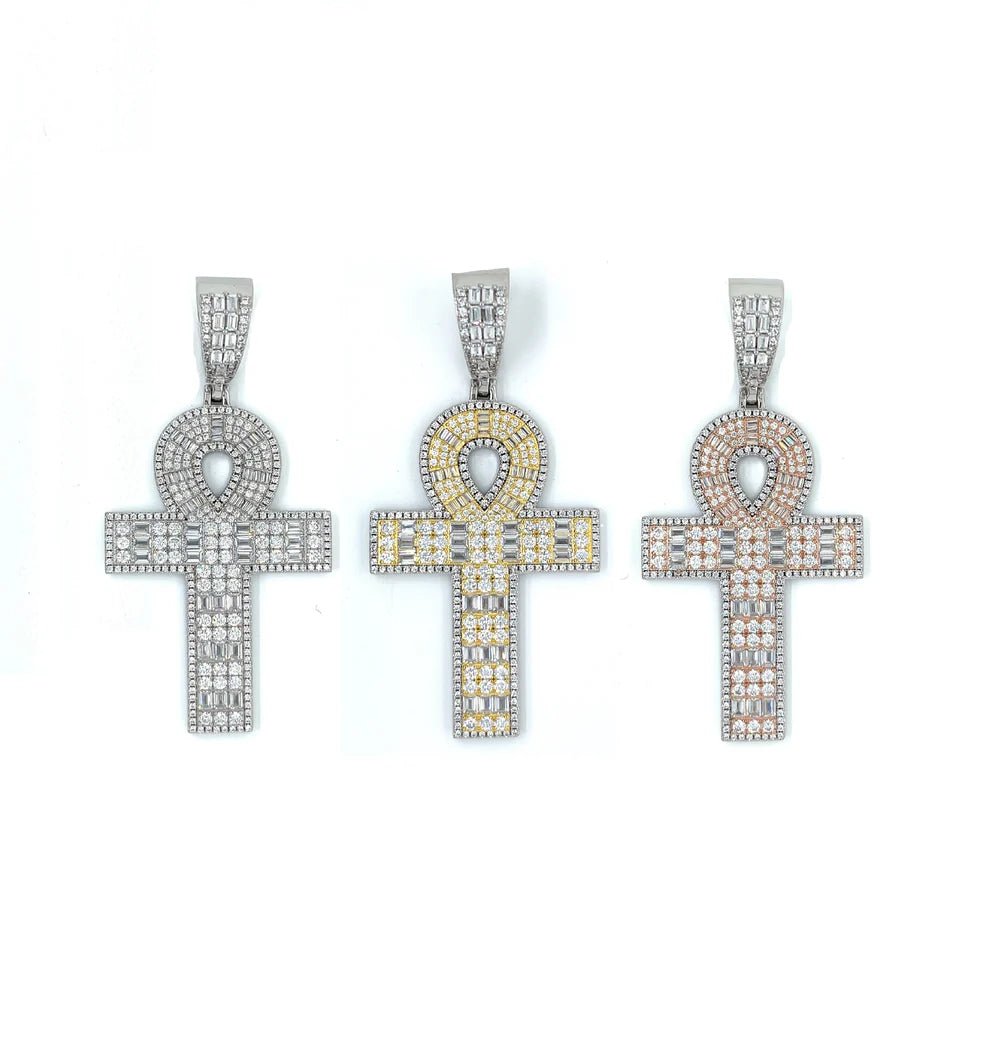 Round and Baguette Moissanite Ankh Pendant