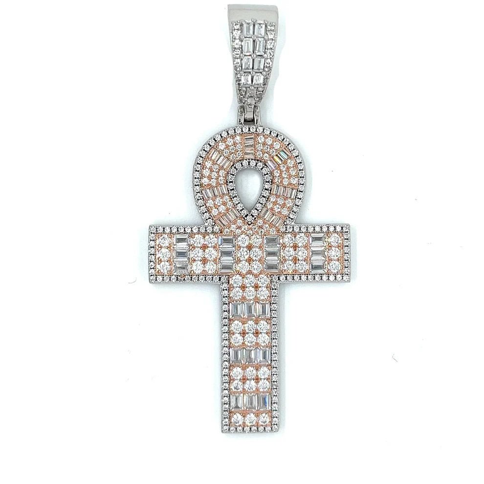 Round and Baguette Moissanite Ankh Pendant
