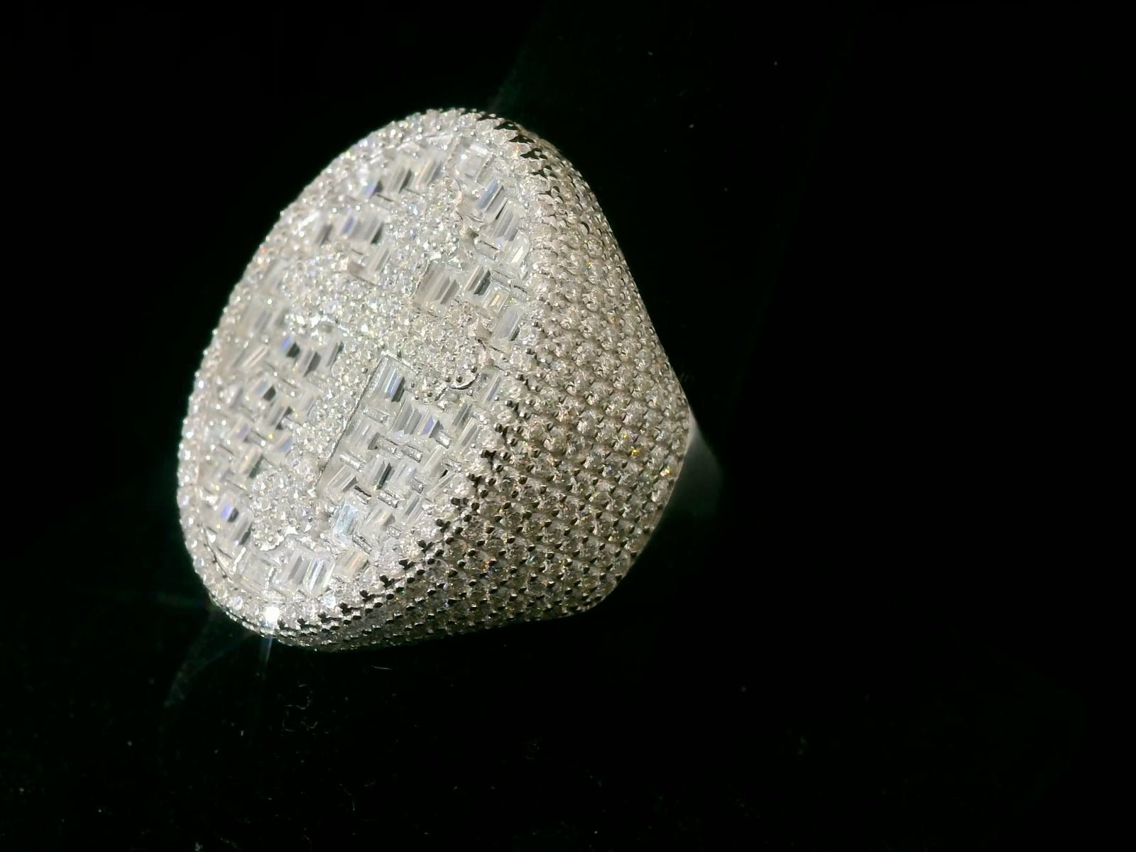 Round and Baguette Moissanite Cross Signet Ring